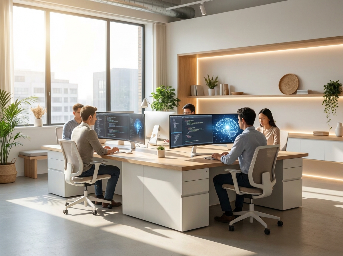 A futuristic and clean tech office environment with a focus on a collaborative workspace, high-tech monitors showing abstract code and AI neural network visualizations, soft natural lighting, modern minimalist interior design, 4:3 aspect ratio, no text.