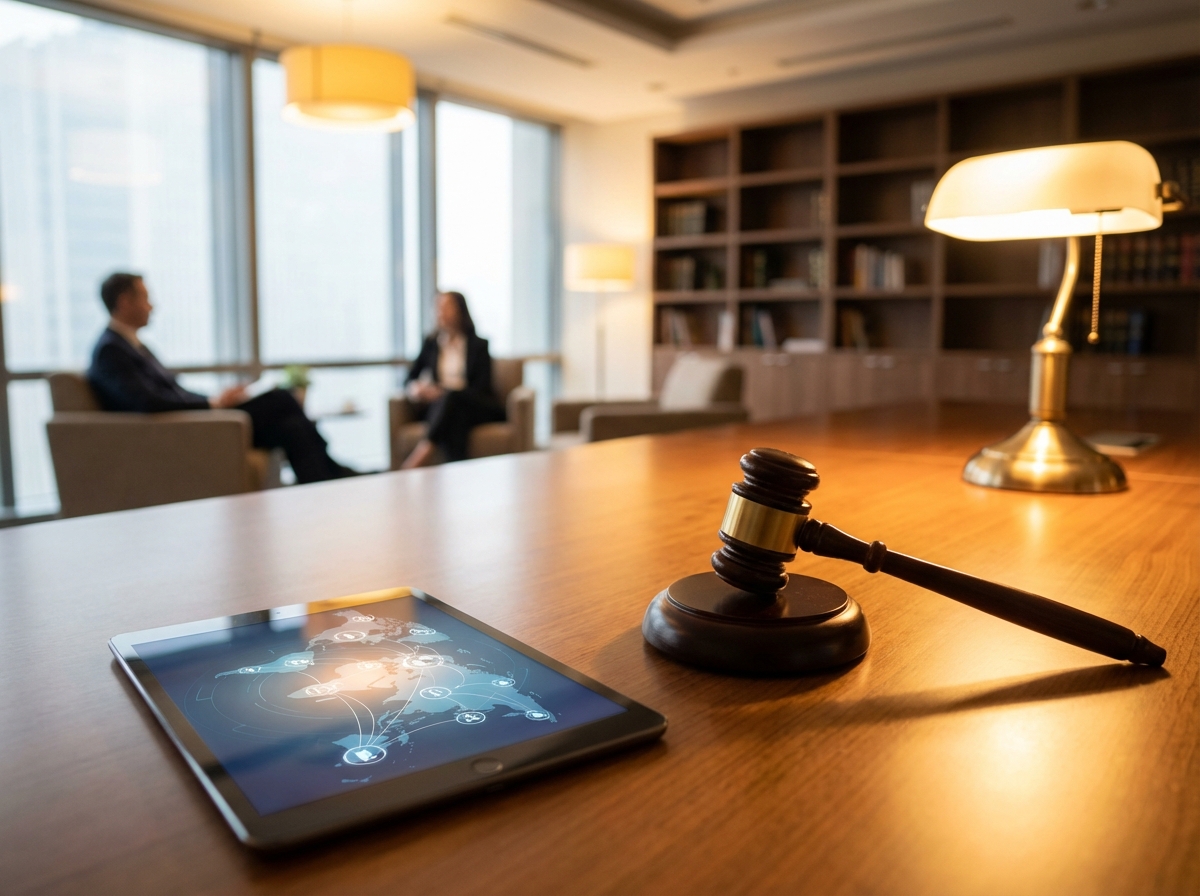 A professional business environment with a gavel and a digital tablet showing global connectivity icons, representing legal actions against tech platforms, warm office lighting, 4:3 aspect ratio, no text.