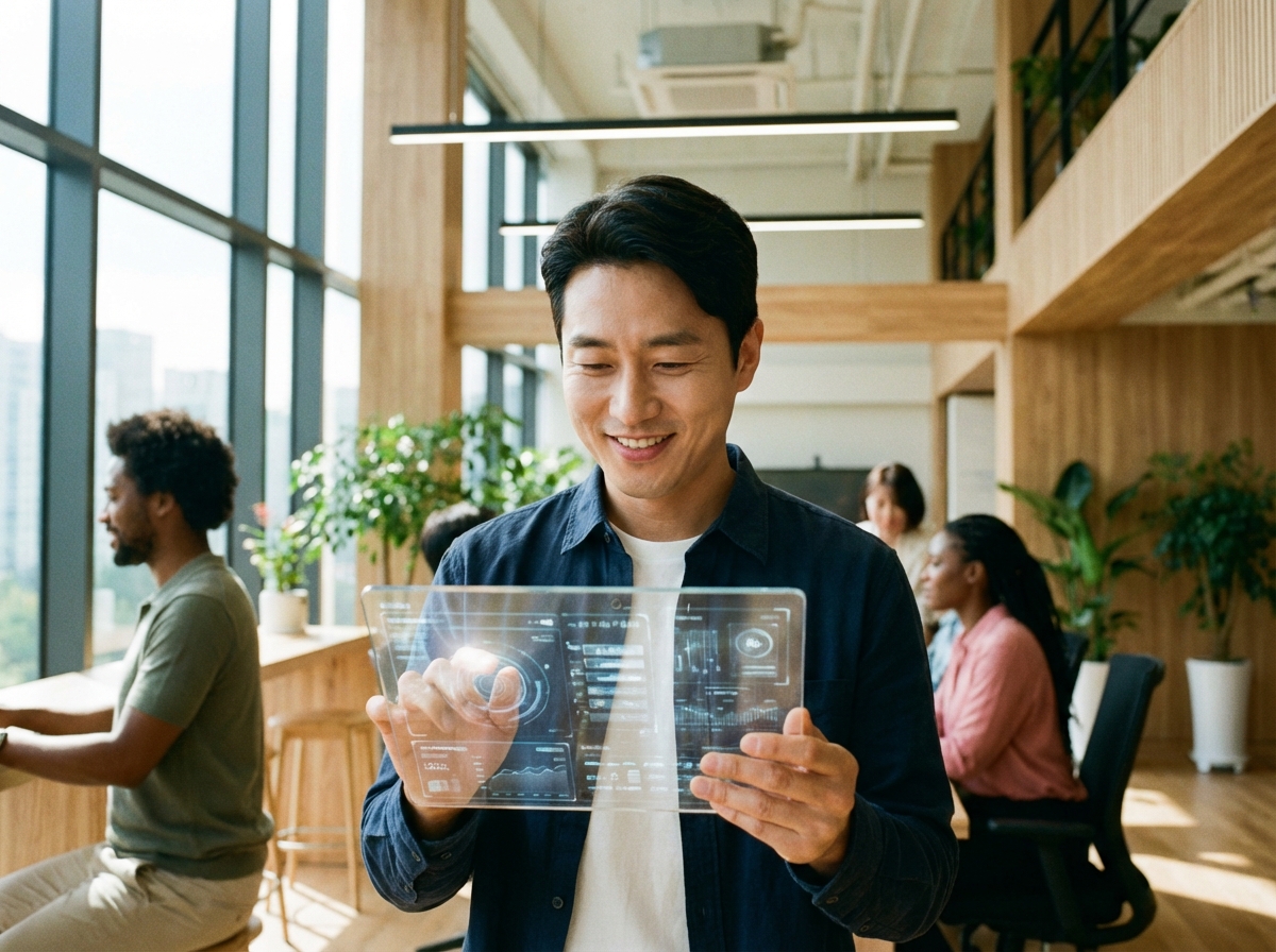 A Korean IT professional smiling while looking at a transparent digital tablet in a bright sunlit modern office, representing trust in technology, 4:3 aspect ratio, no text