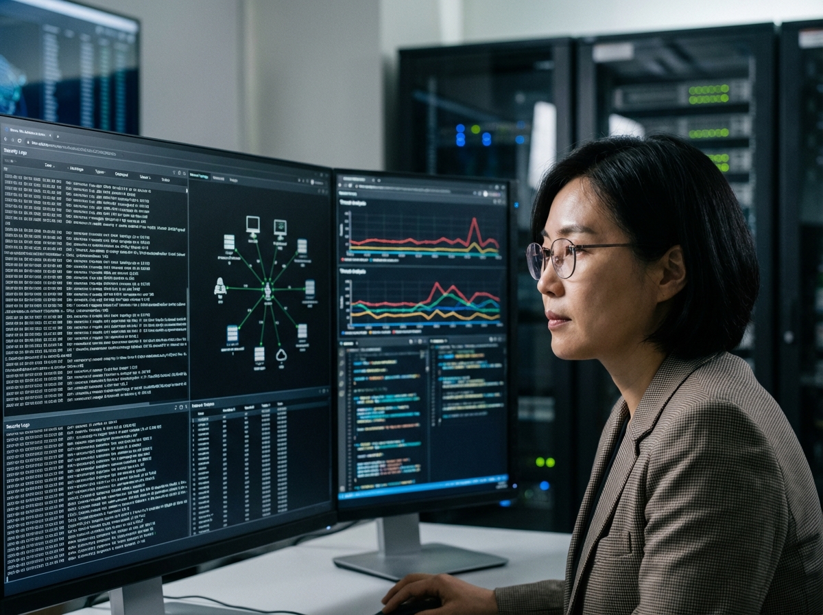A professional shot of a Korean IT security expert looking at multiple monitors displaying security logs and network maps. Realistic lighting, focus on the person and screens, high quality photography style, 4:3 aspect ratio, no text.