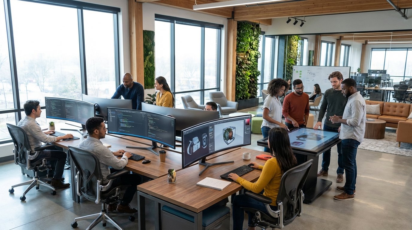 A modern high-tech office environment with diverse employees collaborating. Soft natural lighting, large windows, sleek workstations with multiple monitors showing code and creative interfaces. Professional yet creative atmosphere. 16:9 aspect ratio.