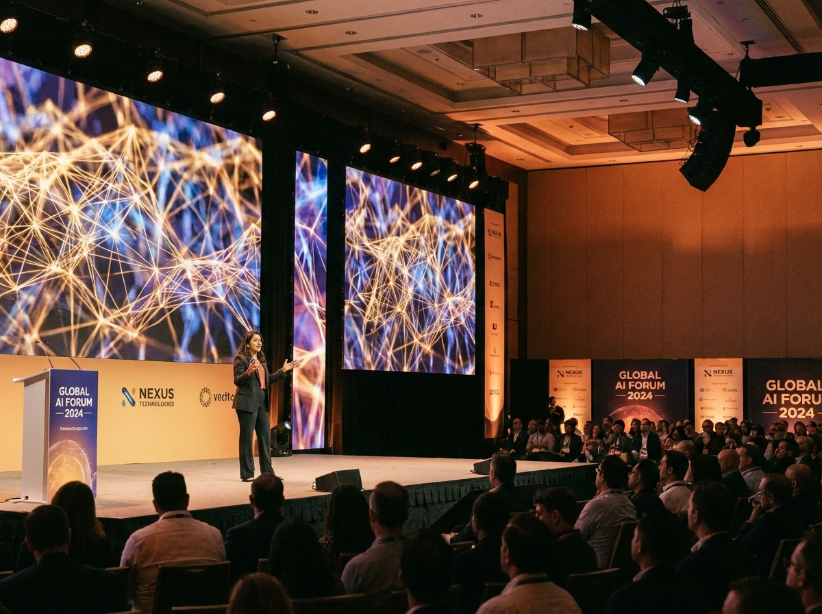 A realistic scene of a professional tech conference stage with a charismatic leader speaking to an audience, large digital screens in the background showing abstract neural network patterns, warm ambient lighting, modern corporate atmosphere, 4:3
