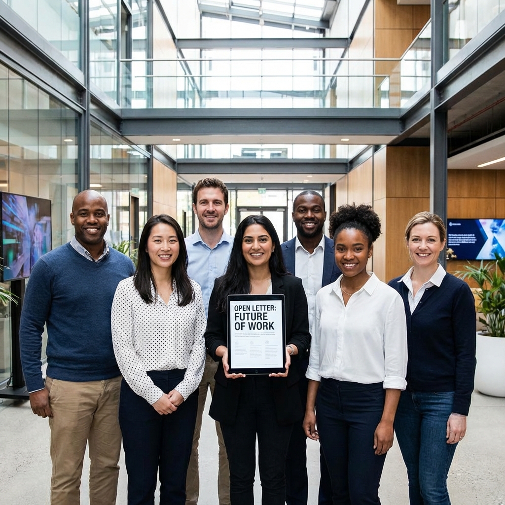 A diverse group of professional tech workers standing together in a modern high-tech office lobby, one person holding a digital tablet displaying an open letter, clean infographic layout, high contrast, 1:1