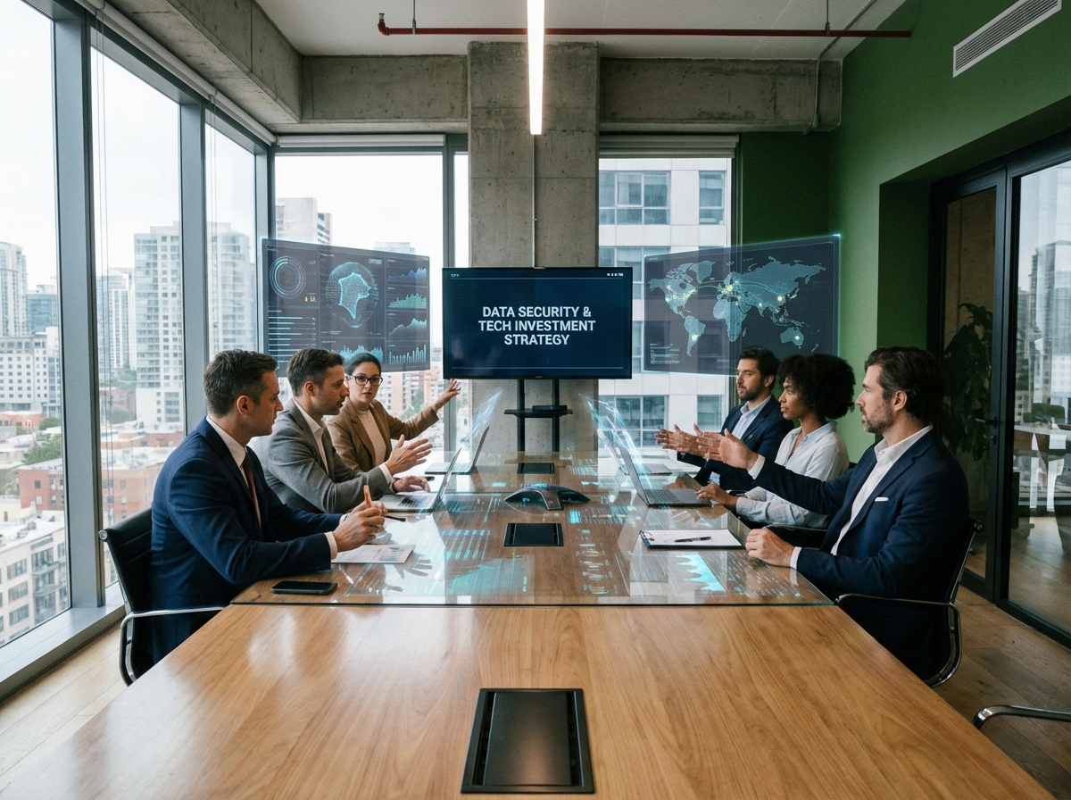 A professional business setting showing a boardroom discussion about data security and technology investment. Modern tech office environment with holographic data visualizations. 4:3