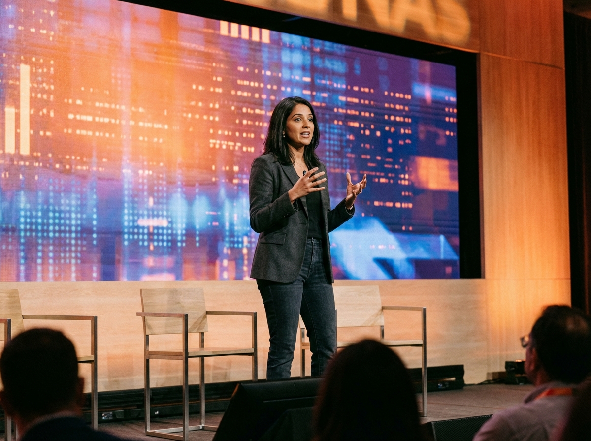 Medium shot of a tech CEO speaking on a modern stage, professional setting, warm ambient lighting, large LED screen background with abstract tech patterns, 4:3