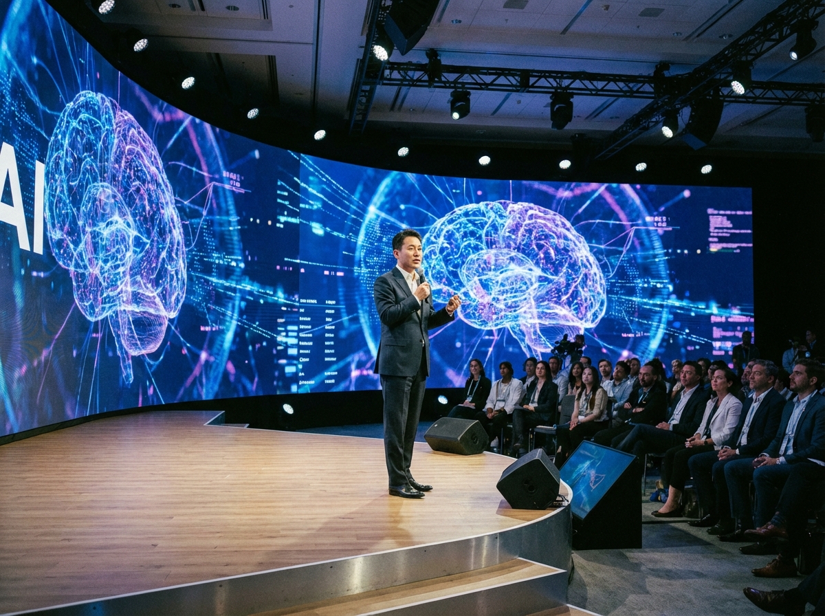 A professional South Korean tech leader speaking at a modern global conference. The background features a large high-tech screen displaying abstract blue and purple AI neural networks and data streams. Realistic lighting, high-quality photography, cinematic composition. 4:3