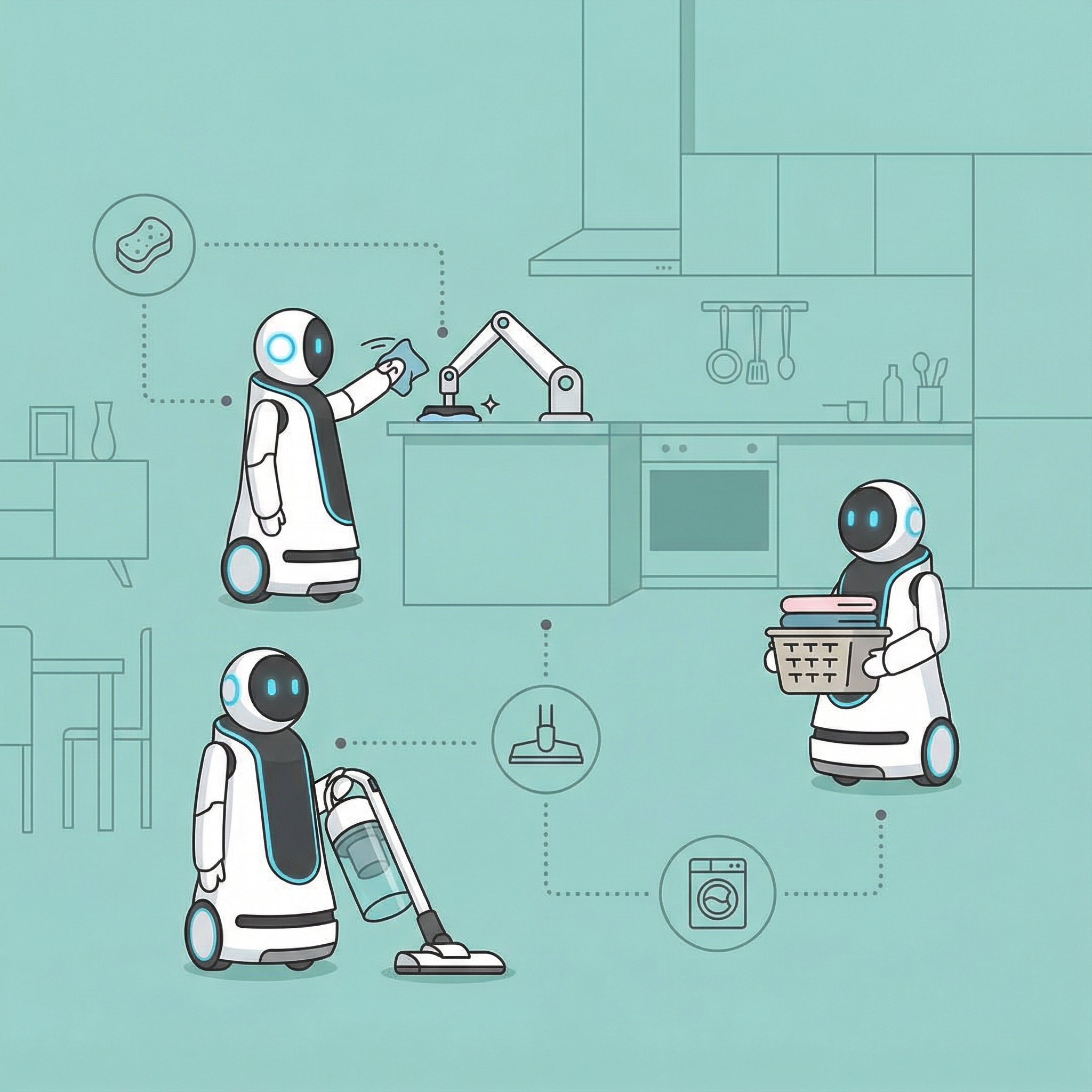 LG CLOiD robot performing household tasks in a modern home kitchen, clean infographic style, 1:1 aspect ratio, no visible text, colored background.