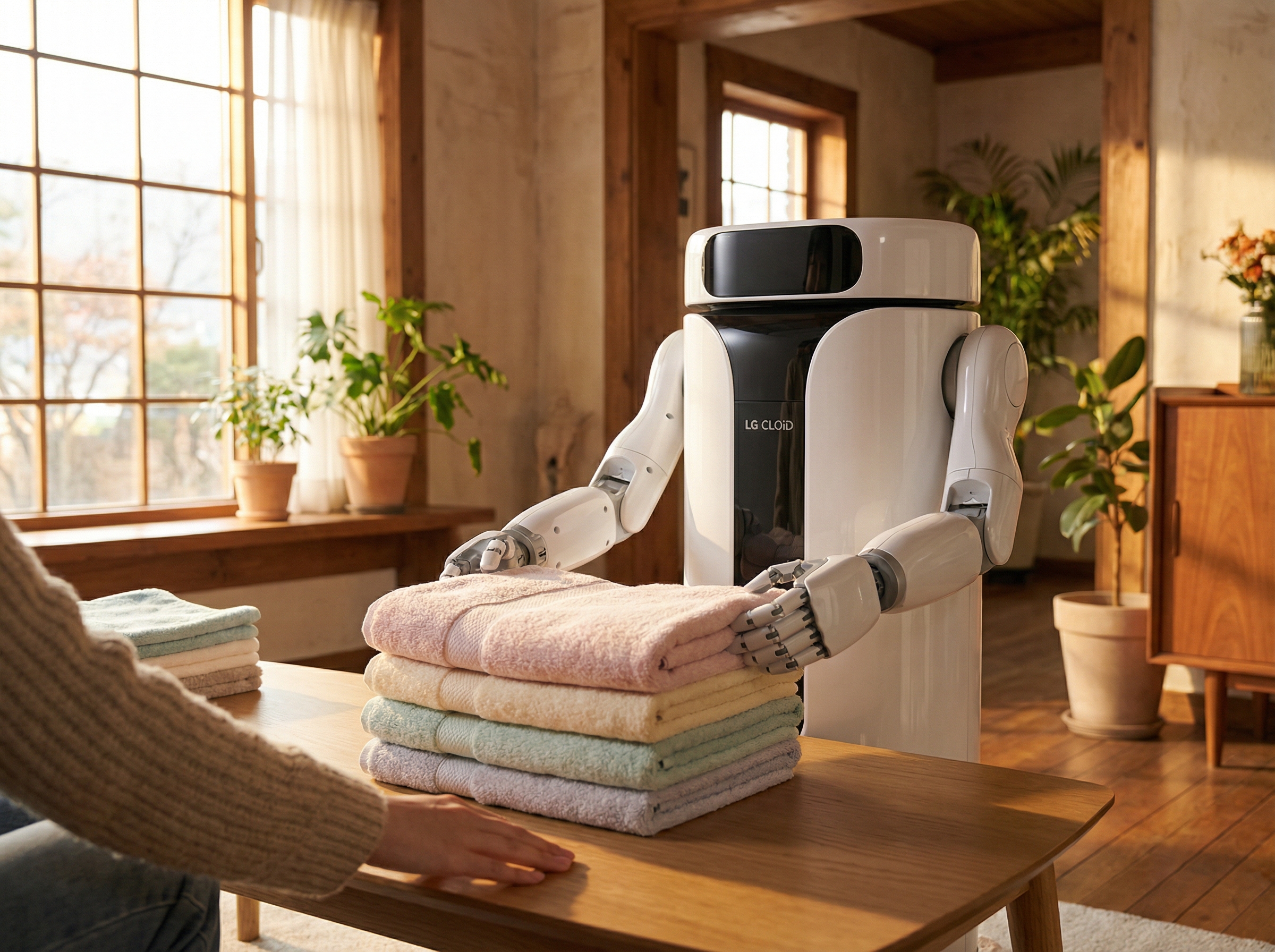 LG CLOiD robot with articulated arms delicately folding laundry, lifestyle photography, 4:3 aspect ratio, no visible text, warm lighting, natural setting.