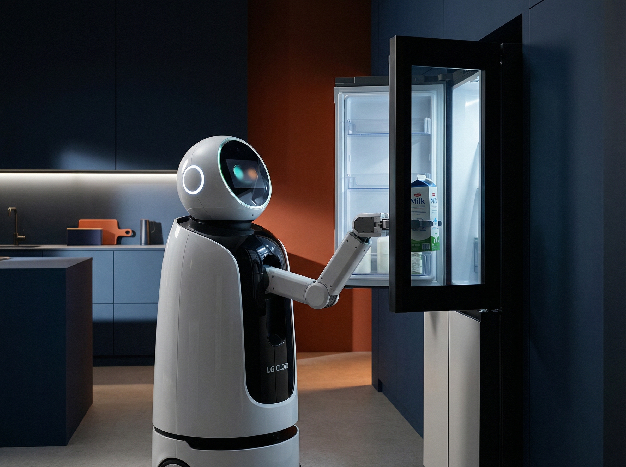 LG CLOiD robot seamlessly interacting with a smart home appliance, fetching milk from a smart fridge, modern layout, high contrast, 4:3 aspect ratio, no visible text, colored background.