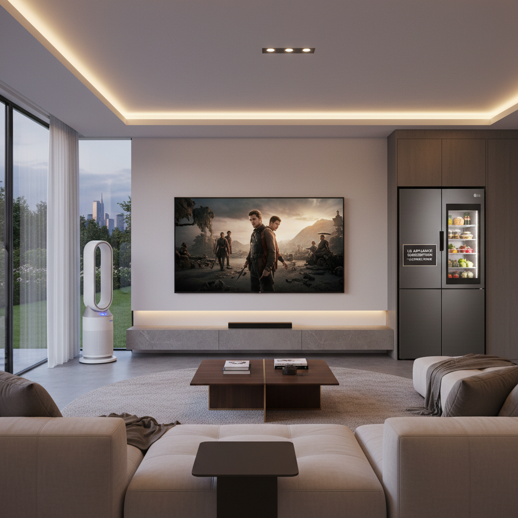 A premium 83-inch LG OLED TV displayed in a modern and luxurious British living room with large windows, minimalist interior design, high-quality LG appliance subscription theme, cinematic lighting, 4:3