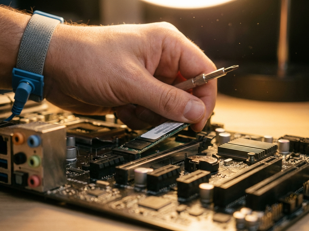 A person carefully installing a small M.2 NVMe SSD into a computer slot, focus on the hand and hardware, warm indoor lighting, 4:3 aspect ratio, no visible text