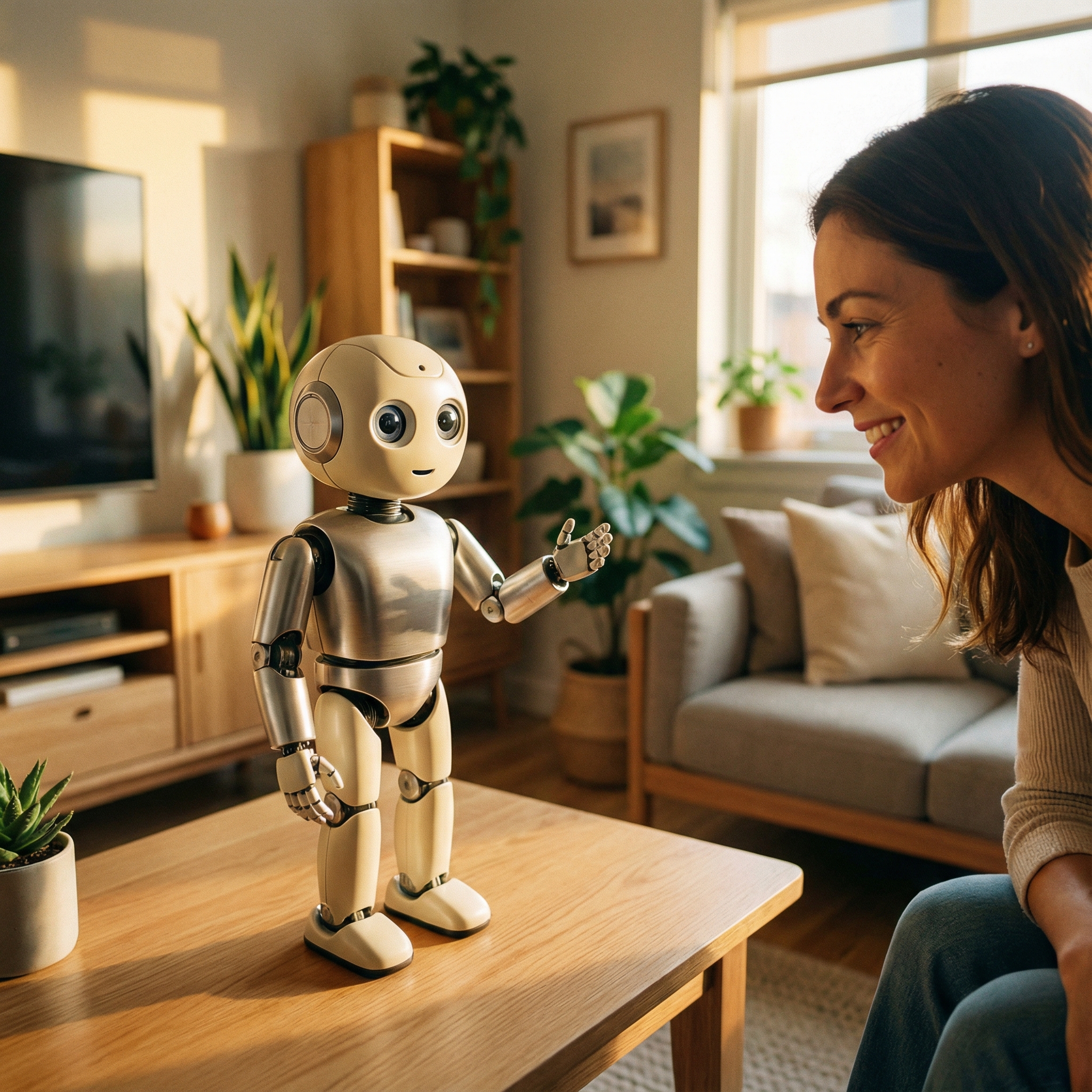 A small, doll-sized humanoid robot M1 interacting with a person in a modern living room setting. The robot is on a desktop or floor, engaging in a conversation. Soft, warm lighting. Aspect ratio 1:1, no visible text.