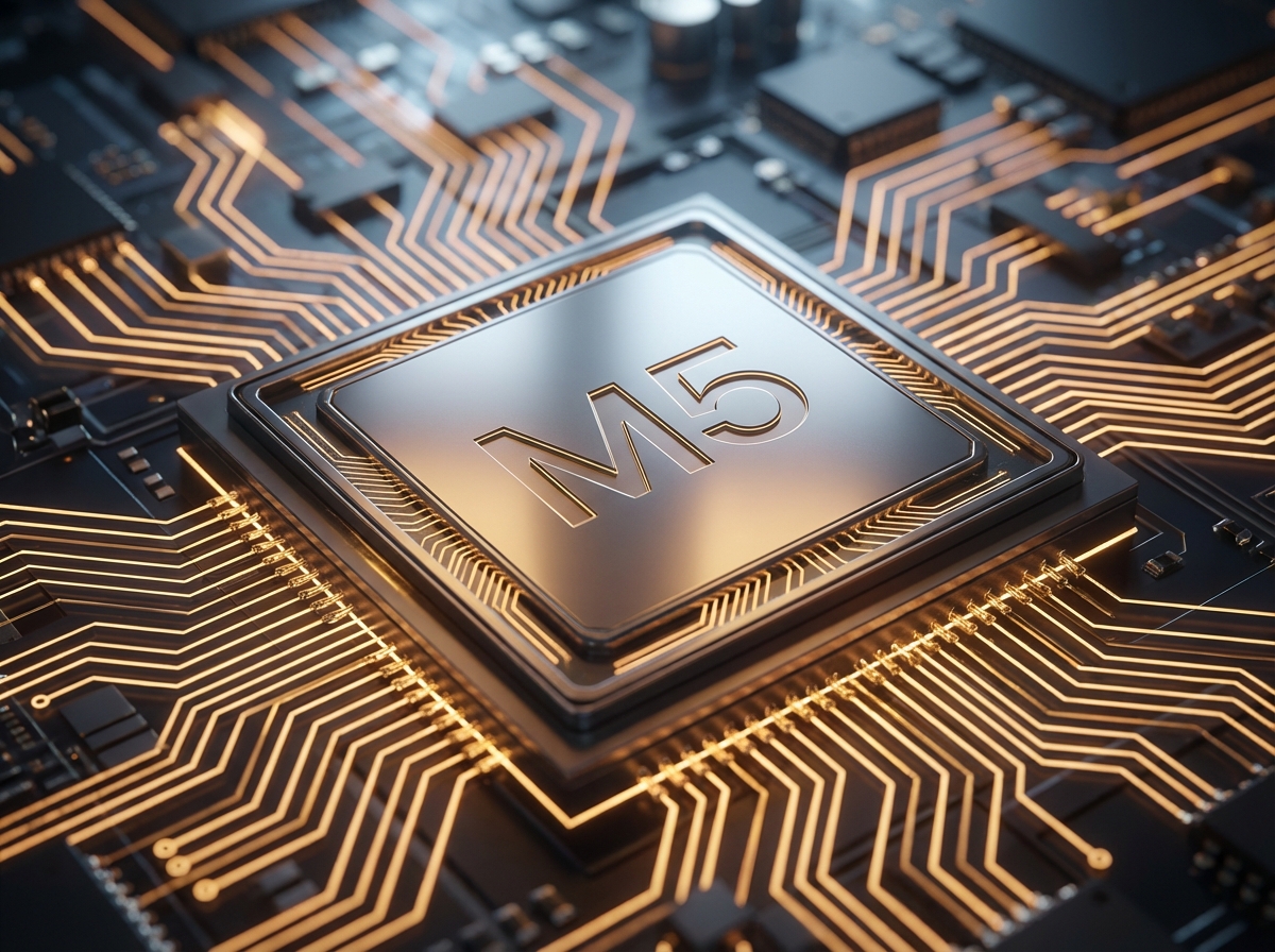 A close-up shot of a sophisticated computer processor chip with M5 engraved metaphorically in a high-tech circuit background, glowing golden traces, cinematic macro photography, 4:3 aspect ratio, no text.