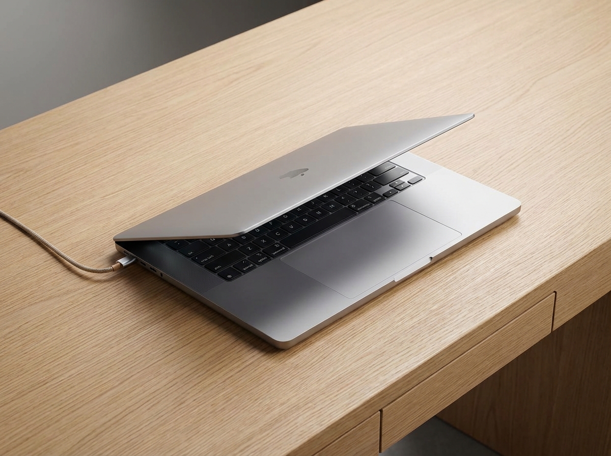 A sleek and modern silver laptop resembling a high-end MacBook Pro on a minimalist wooden desk, professional studio lighting, clean lines, high resolution, 4:3 aspect ratio, no text.