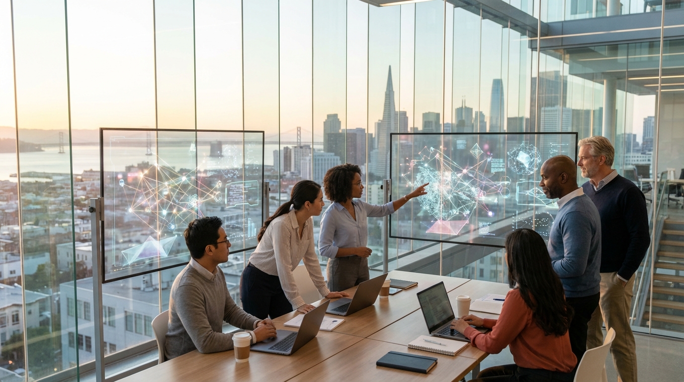 A group of diverse, professional researchers in a modern, glass-walled office in San Francisco, looking at large transparent displays of complex data structures and algorithms. The atmosphere is intellectual and innovative. Soft morning light, hyper-realistic, 16:9 aspect ratio. NO TEXT.