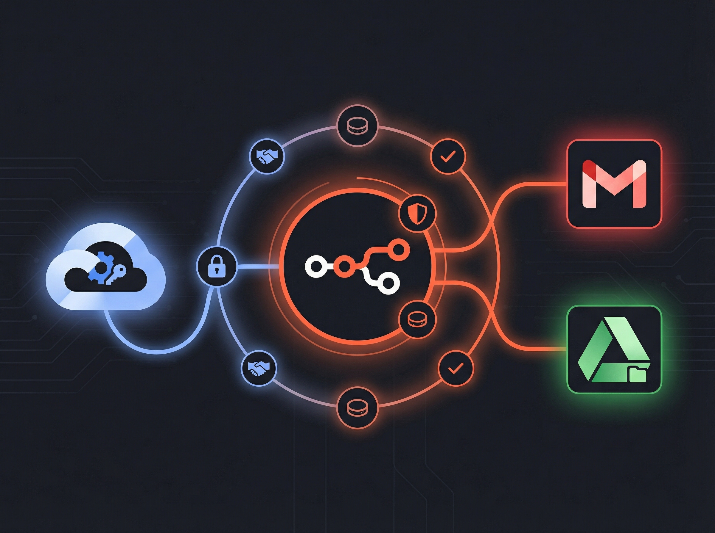 An infographic illustrating the Google OAuth2 and n8n integration process, showing icons for Google Cloud Console, n8n, and various Google services like Gmail and Drive. Clean, modern layout, high contrast, aspect ratio 4:3, no visible text.