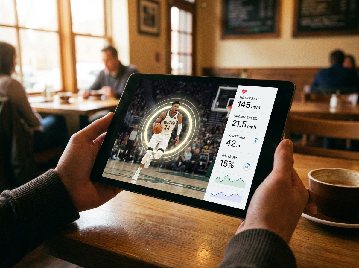 Close up of a person's hands holding a tablet. On the screen, a basketball player is highlighted with a circular aura, and a sidebar displays physical stats like heart rate and sprint speed in a clean, modern UI. The background is a cozy cafe setting. Warm, natural lighting. 4:3 aspect ratio, no text.