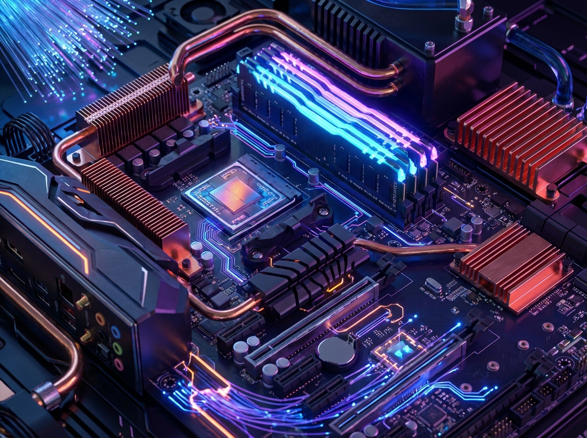 Close-up shot of a modern PC motherboard with glowing memory chips and semiconductor components, futuristic technology vibe, high detail, 4:3 aspect ratio, no visible text