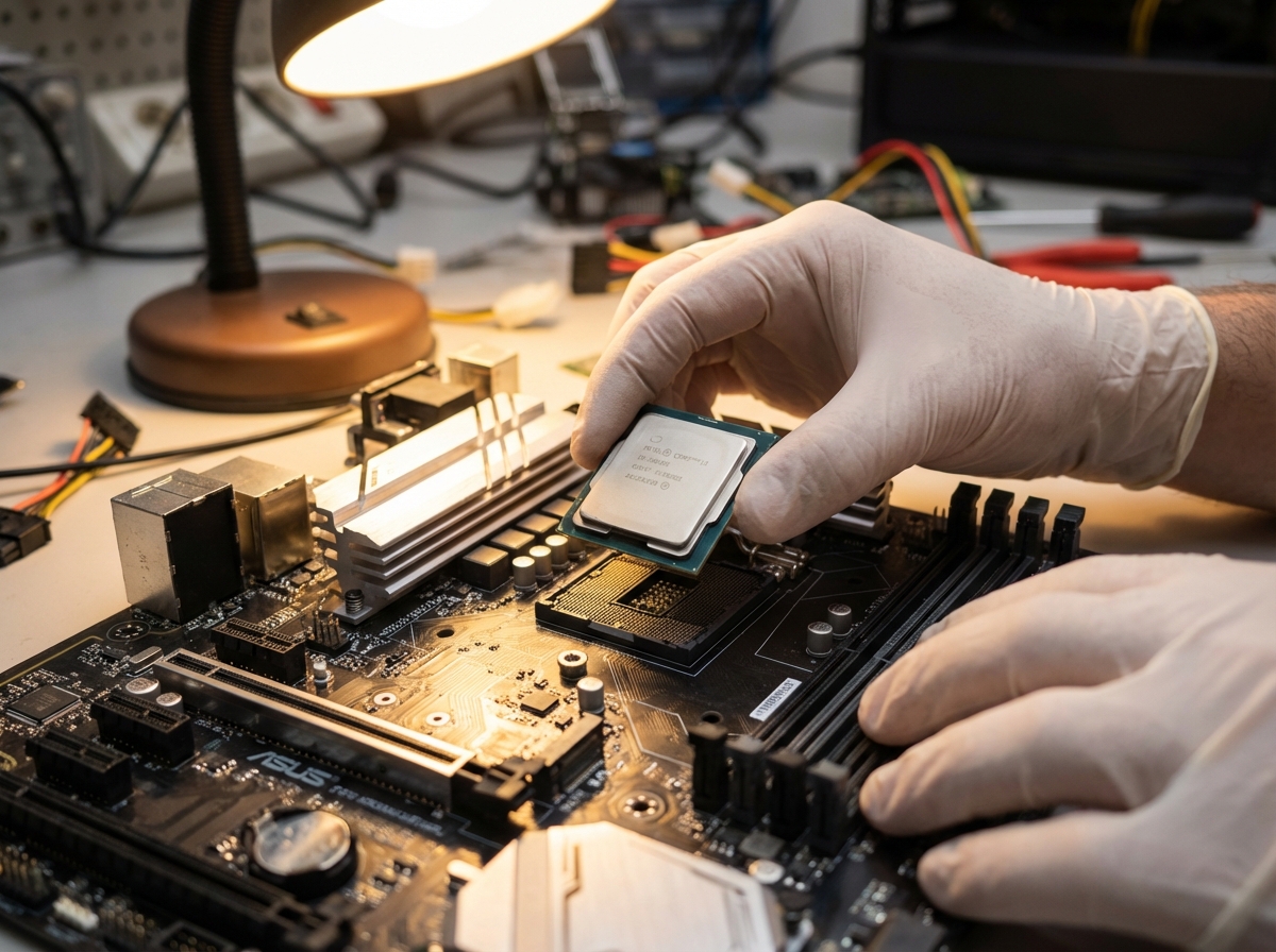 A professional PC builder hands carefully installing a CPU into a modern motherboard socket, close up shot, realistic lighting, workshop background, 4:3