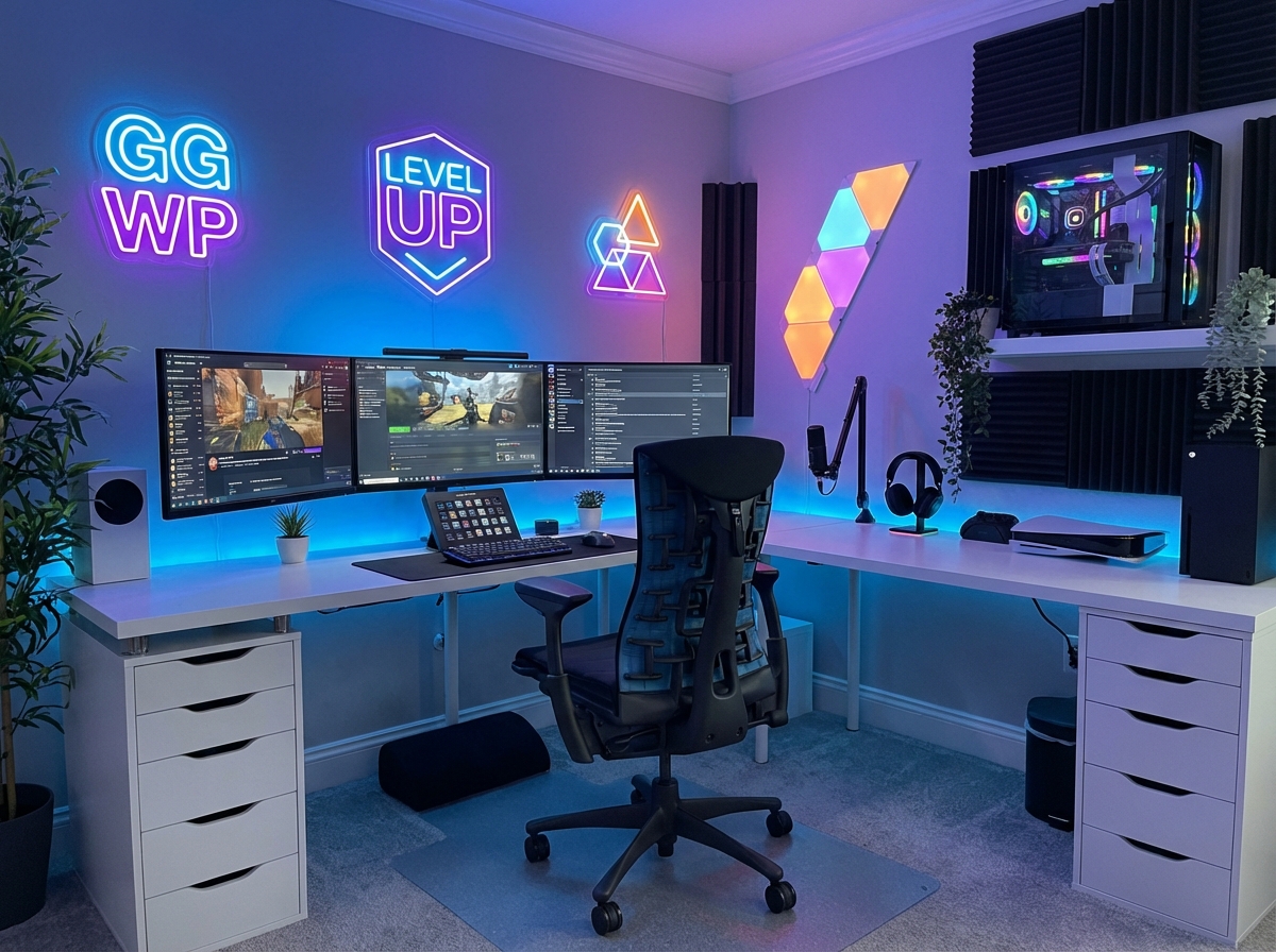 A modern gaming room with multiple monitors, neon wall lights, comfortable chair, clean and aesthetic setup, professional gaming atmosphere, 4:3
