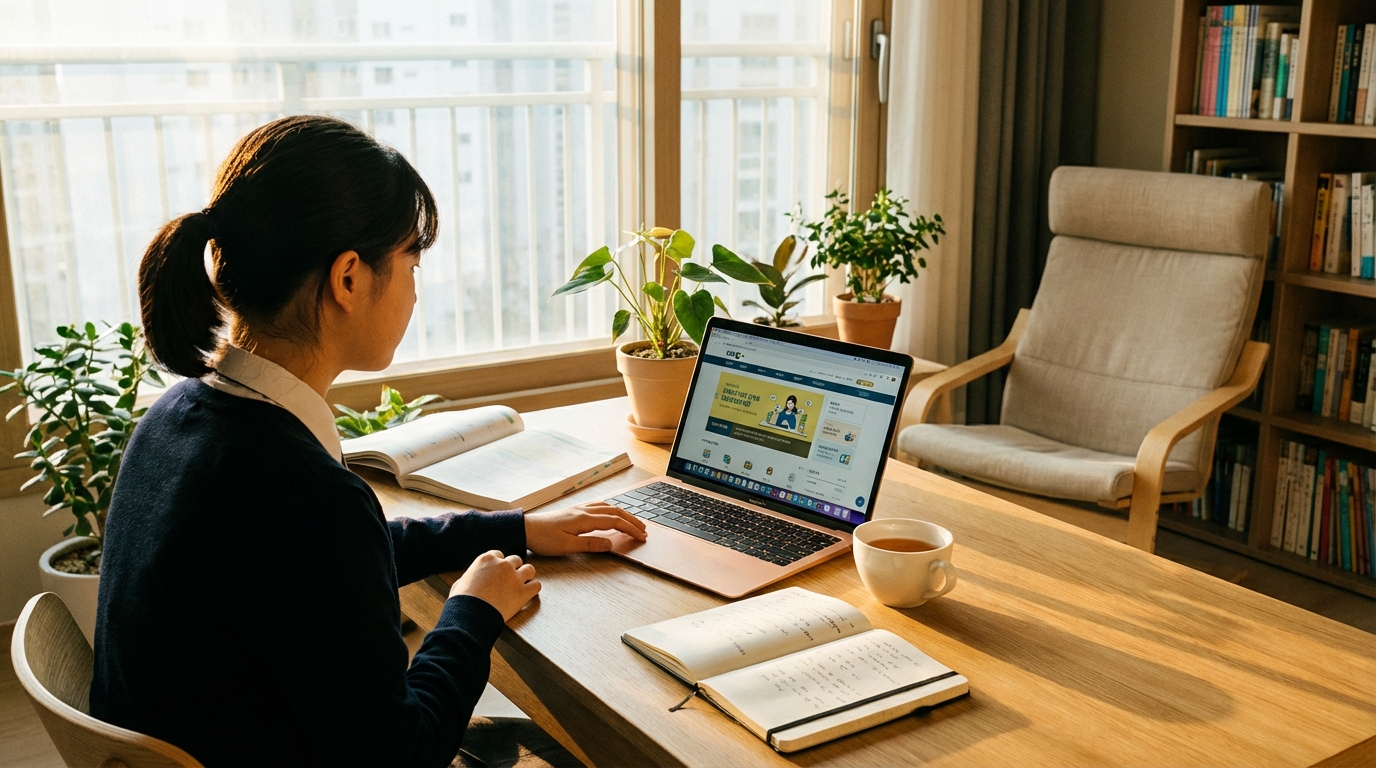 A Korean high school student sitting at a modern desk, focusing on a laptop screen showing educational content. The room is filled with warm natural sunlight from a window. Books and a notebook are neatly arranged on the side. High quality photography, lifestyle setting, 16:9 aspect ratio.