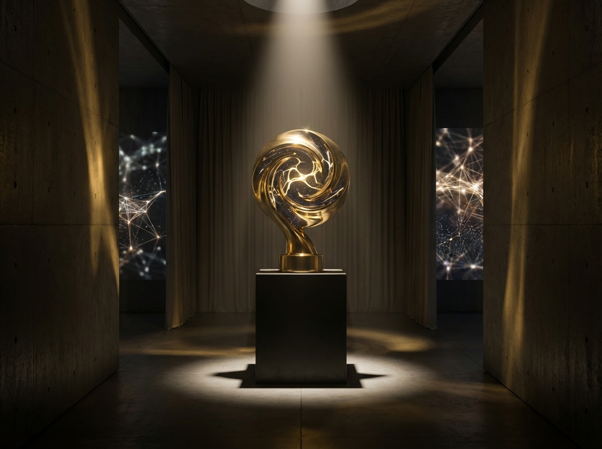 A modern layout showing a gold trophy shaped like a nebula on a pedestal, spotlight illumination, elegant and prestigious atmosphere, high contrast, Generative AI theme, no text, 4:3