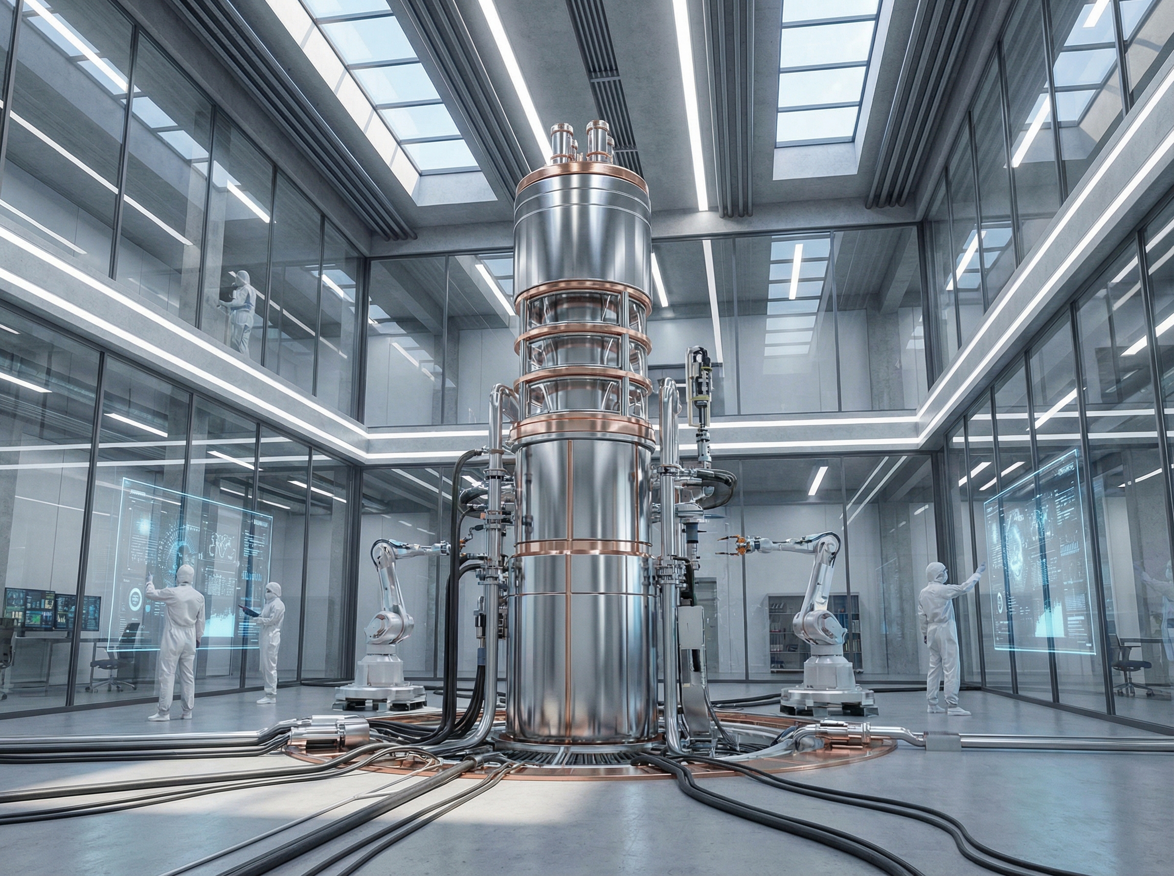 A clean and modern small modular reactor (SMR) unit in a high-tech facility, sophisticated engineering design, realistic industrial setting, balanced lighting, no text, 4:3