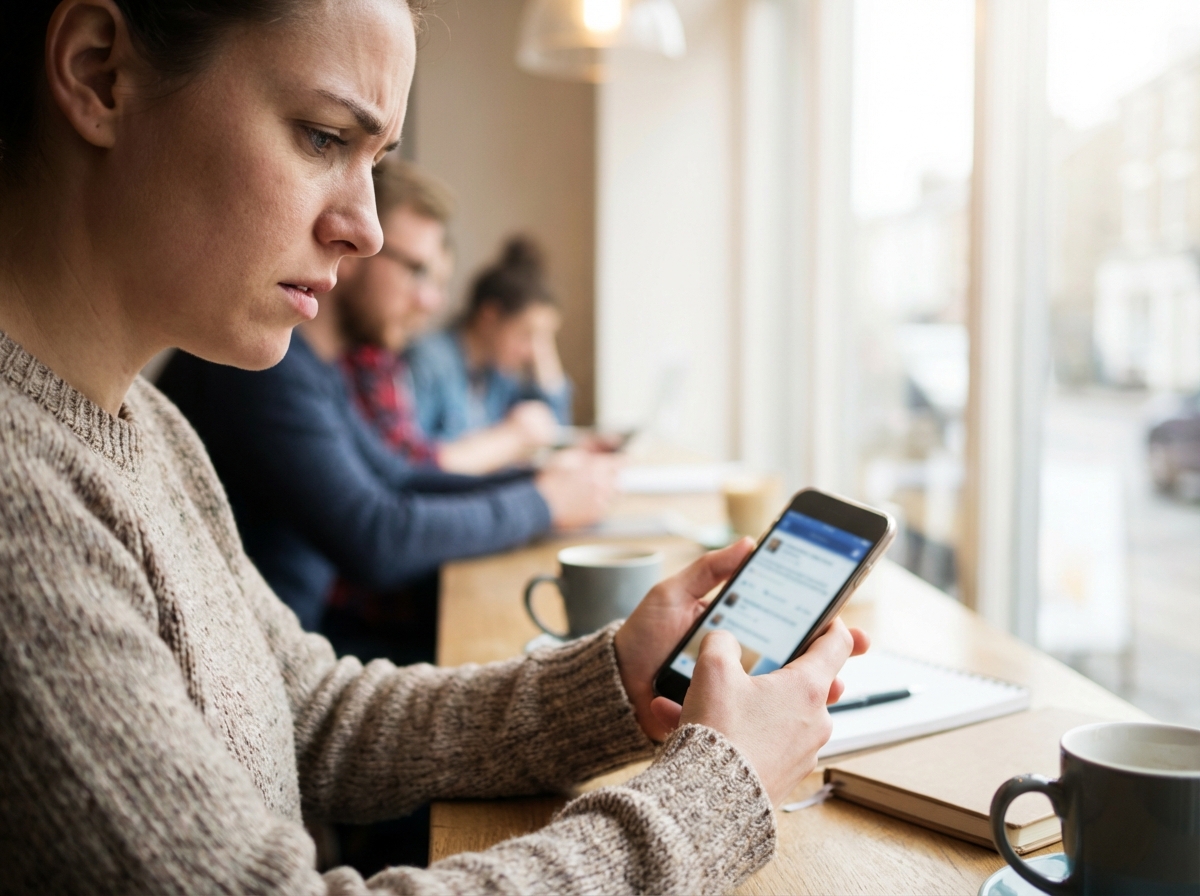 High-quality lifestyle photography of a person looking concerned while using a smartphone in a cafe, soft natural lighting, focus on the device screen showing blurred social media interface, 4:3, no visible text