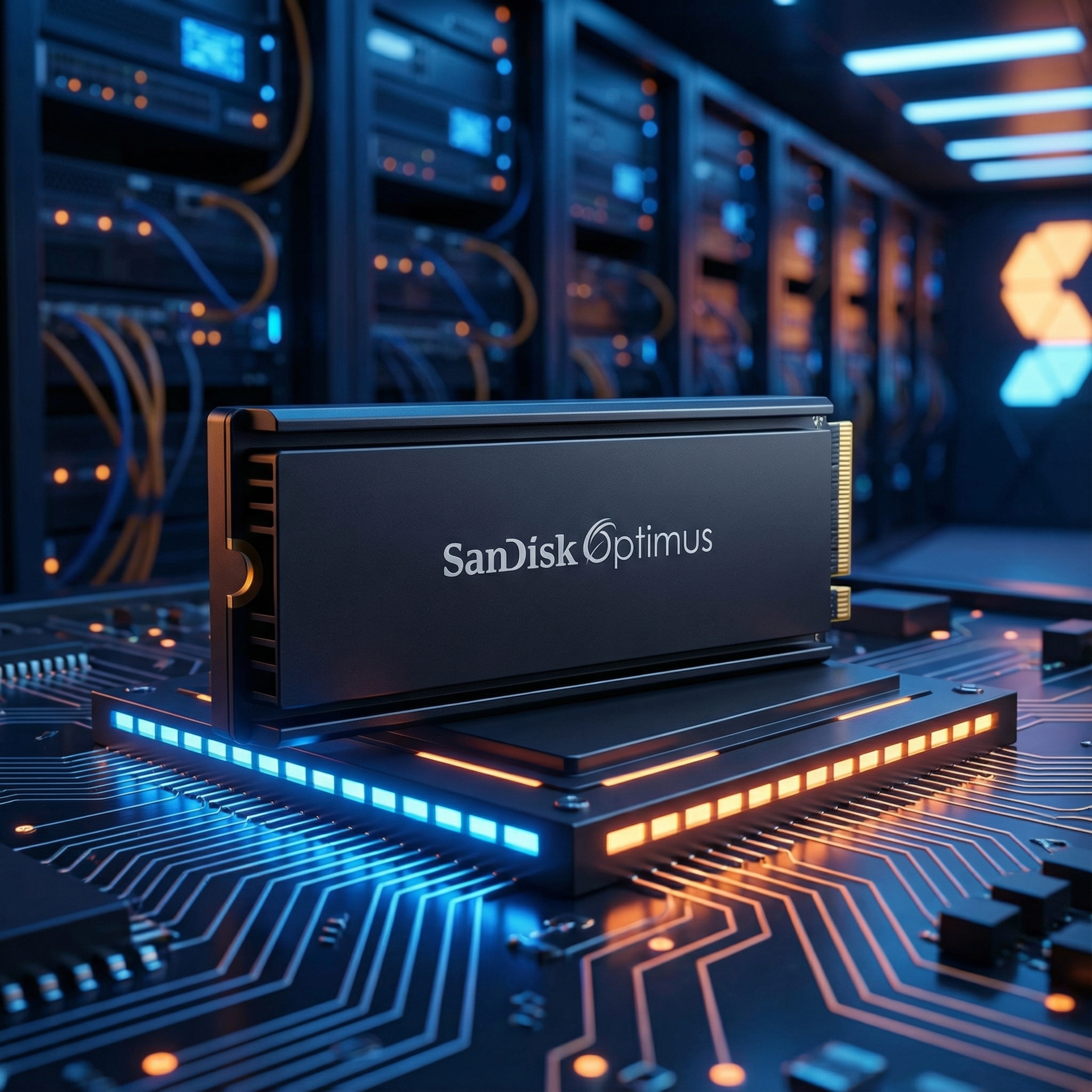 A sleek, modern NVMe SSD with a "SanDisk Optimus" logo on a dark, tech-focused background with glowing blue and orange lighting, high-tech atmosphere, 1:1 aspect ratio, no text.