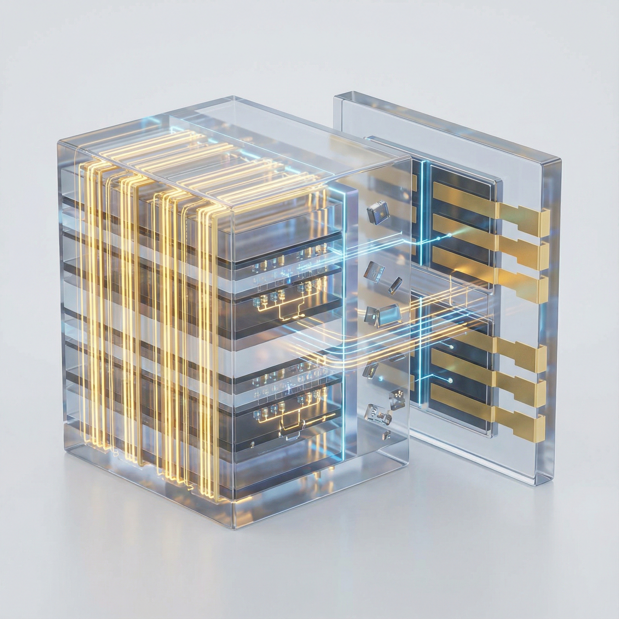 A detailed 3D illustration of semiconductor NAND flash chips with glowing gold circuits, comparing different layers of memory cells, futuristic and clean style, 1:1 aspect ratio, no text.