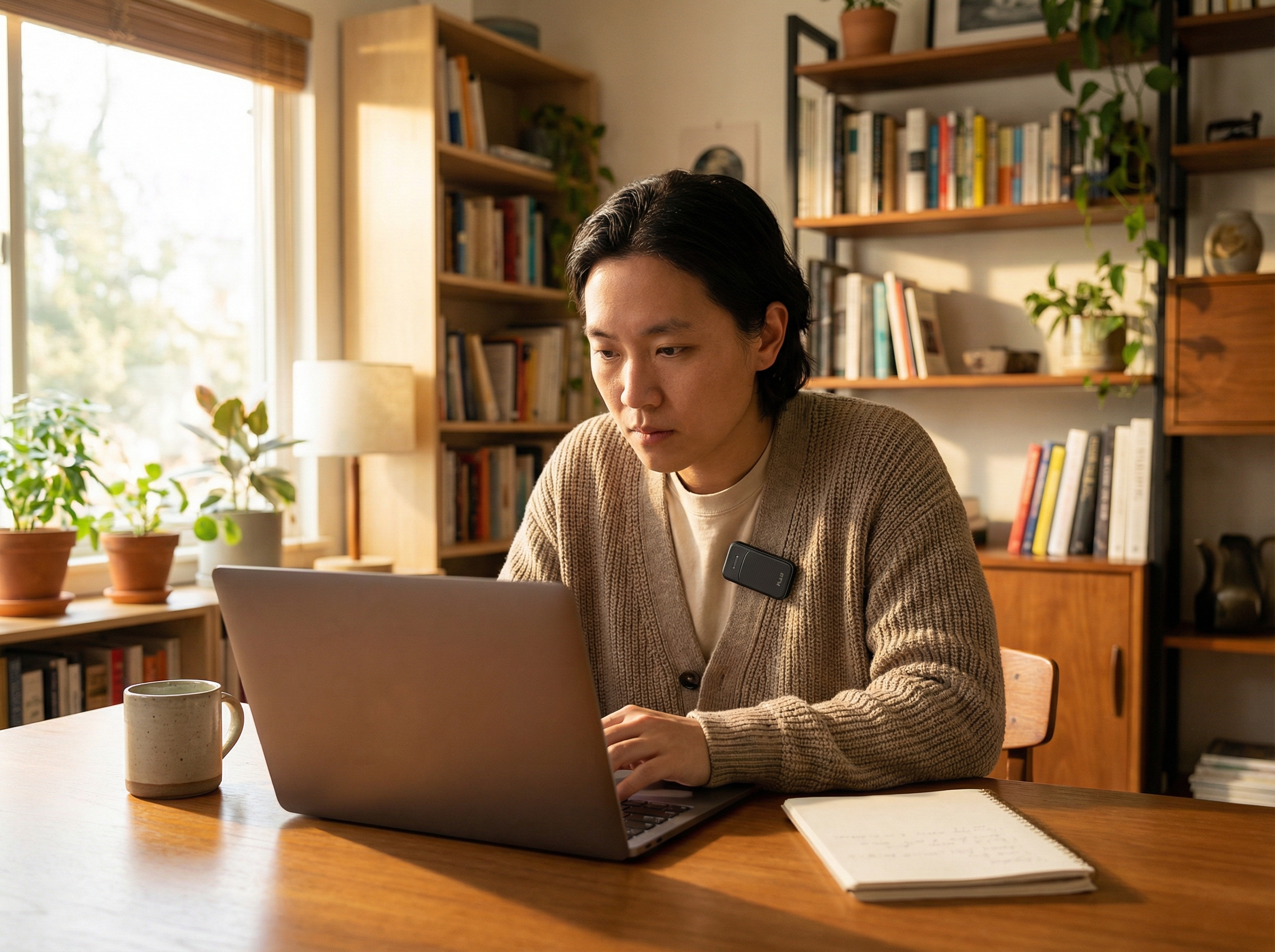A person working on a laptop, with a Plaud NotePin S attached to their clothing or placed on the desk next to the laptop. The setting is a modern office or a cozy home office. The person is focused, and the atmosphere is productive. Warm lighting, natural setting. 4:3, no visible text, no Korean text.
