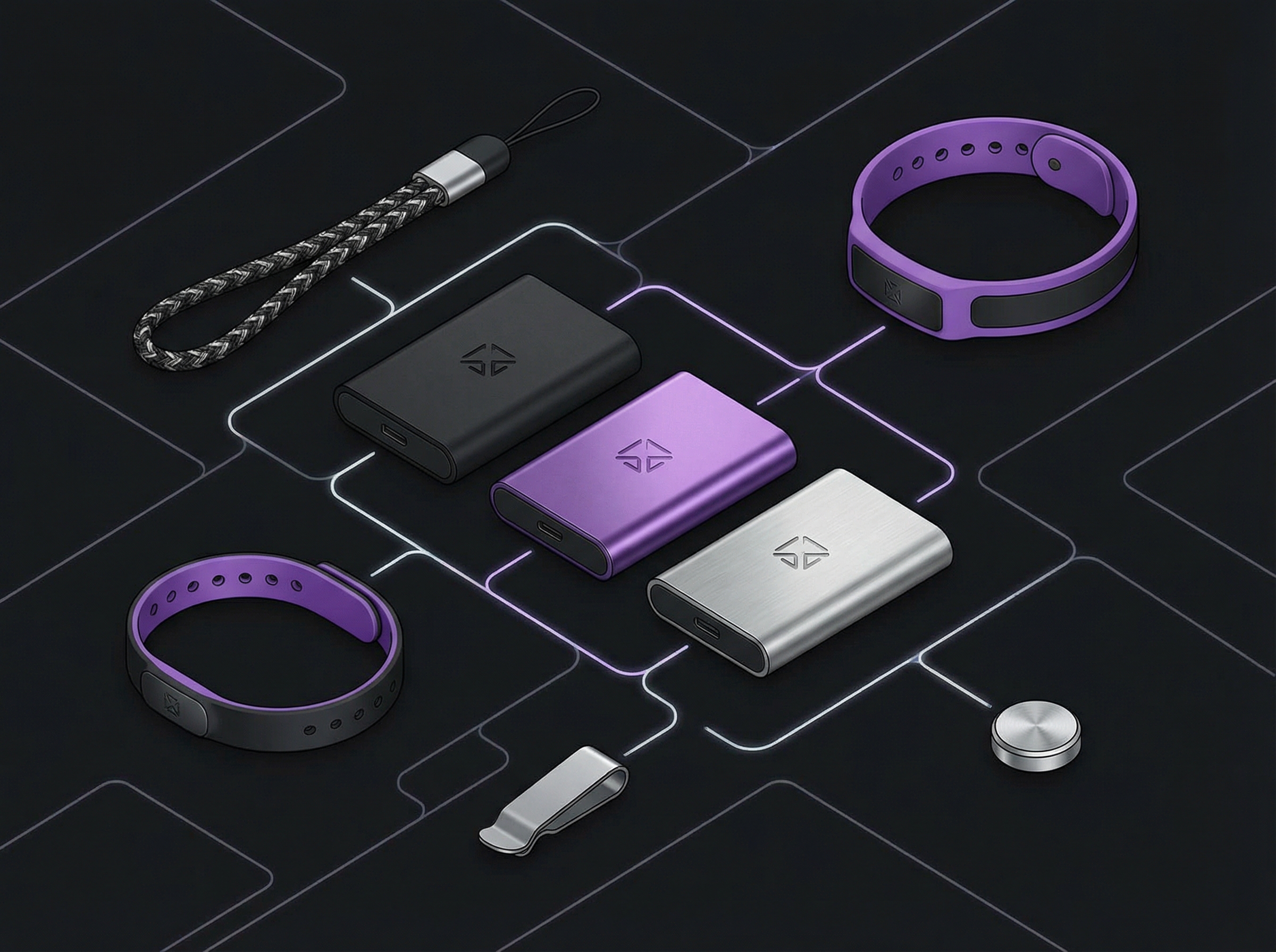 Plaud NotePin S device in black, purple, and silver colors, displayed with its included accessories: lanyard, wristband, clip, and magnetic pin. Clean infographic style, modern layout, high contrast. Aspect ratio 4:3, no visible text.