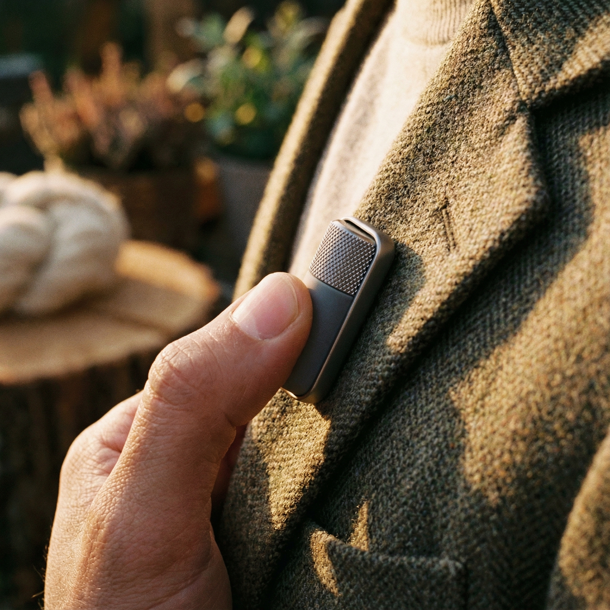 Close-up view of the new physical button on the Plaud NotePin S, highlighting its tactile design. Lifestyle photography, warm lighting, natural setting. Aspect ratio 1:1, no visible text.