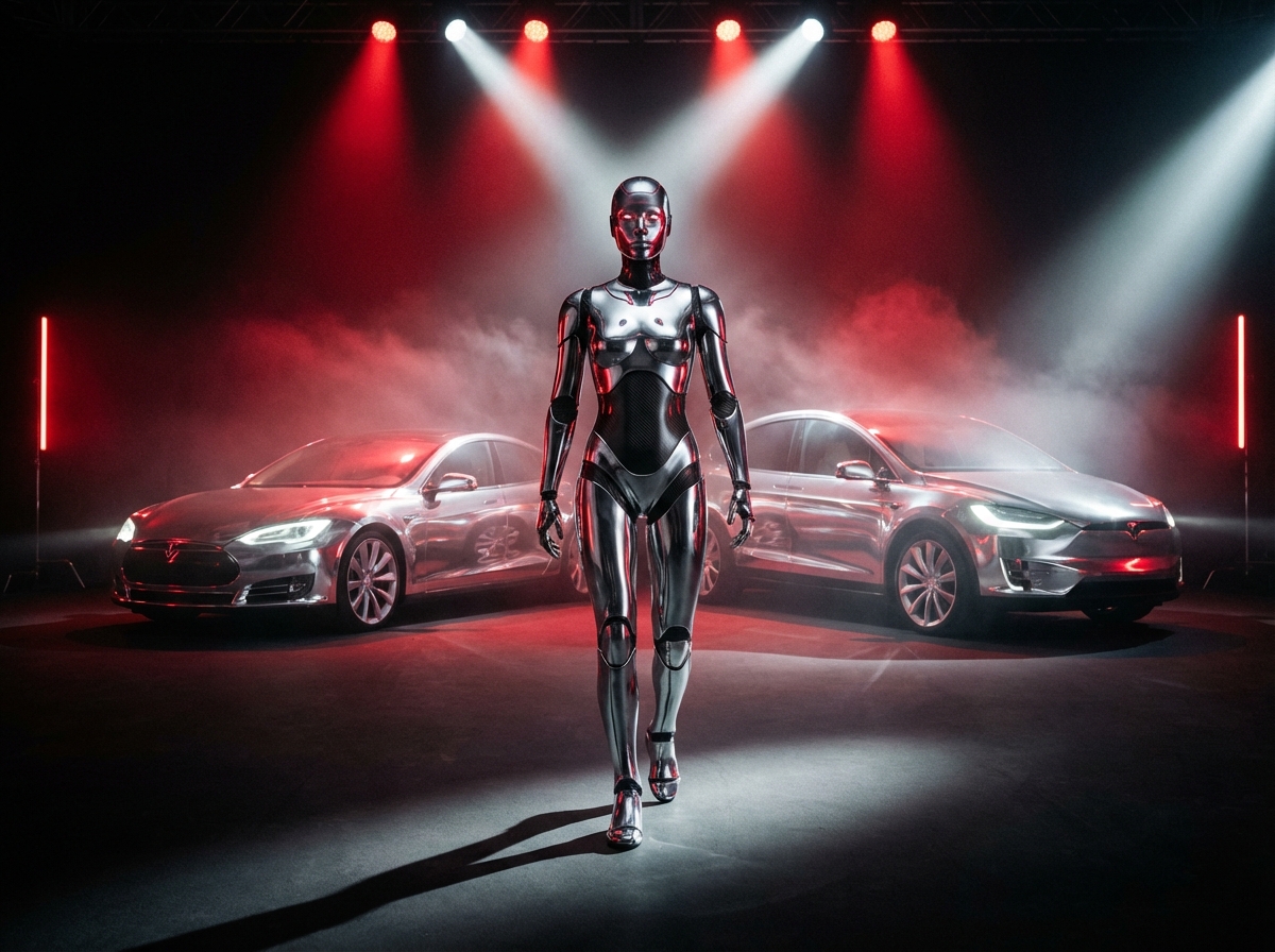 A futuristic cinematic scene showing a Tesla Model S and Model X fading into the background while a sleek metallic humanoid robot walks towards the front. Dark studio background with red and white lighting accents. 4:3