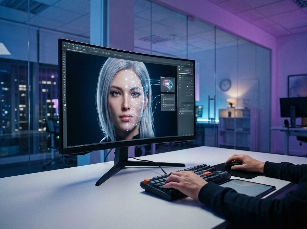 A professional high-tech workspace showing a computer screen with a highly realistic AI digital avatar being edited. The background is a modern office with soft blue and purple ambient lighting. Cinematic lighting, no text, high quality, 4:3