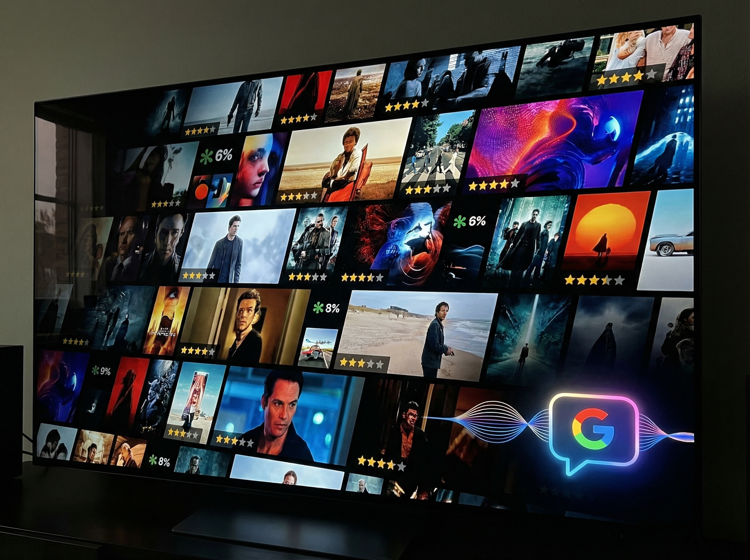 A close up of a large television screen displaying rich visual search results for movies and shows, including posters, ratings, and a chat bubble from Gemini AI, high resolution, vibrant colors, 4:3 aspect ratio, no text