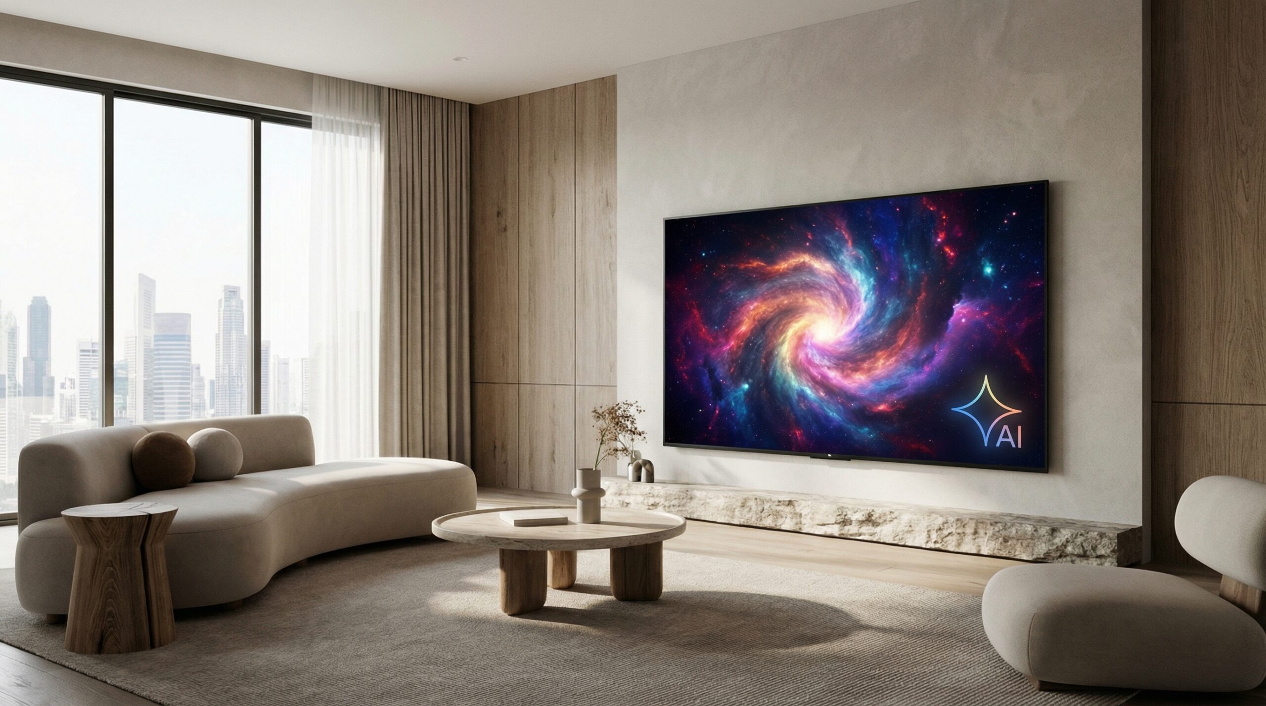 A sleek modern living room with a large 4K TV displaying a vibrant AI-generated colorful nebula. A glowing Gemini AI logo is subtly integrated into the corner of the screen. High-quality lifestyle photography, 16:9 aspect ratio, no text.