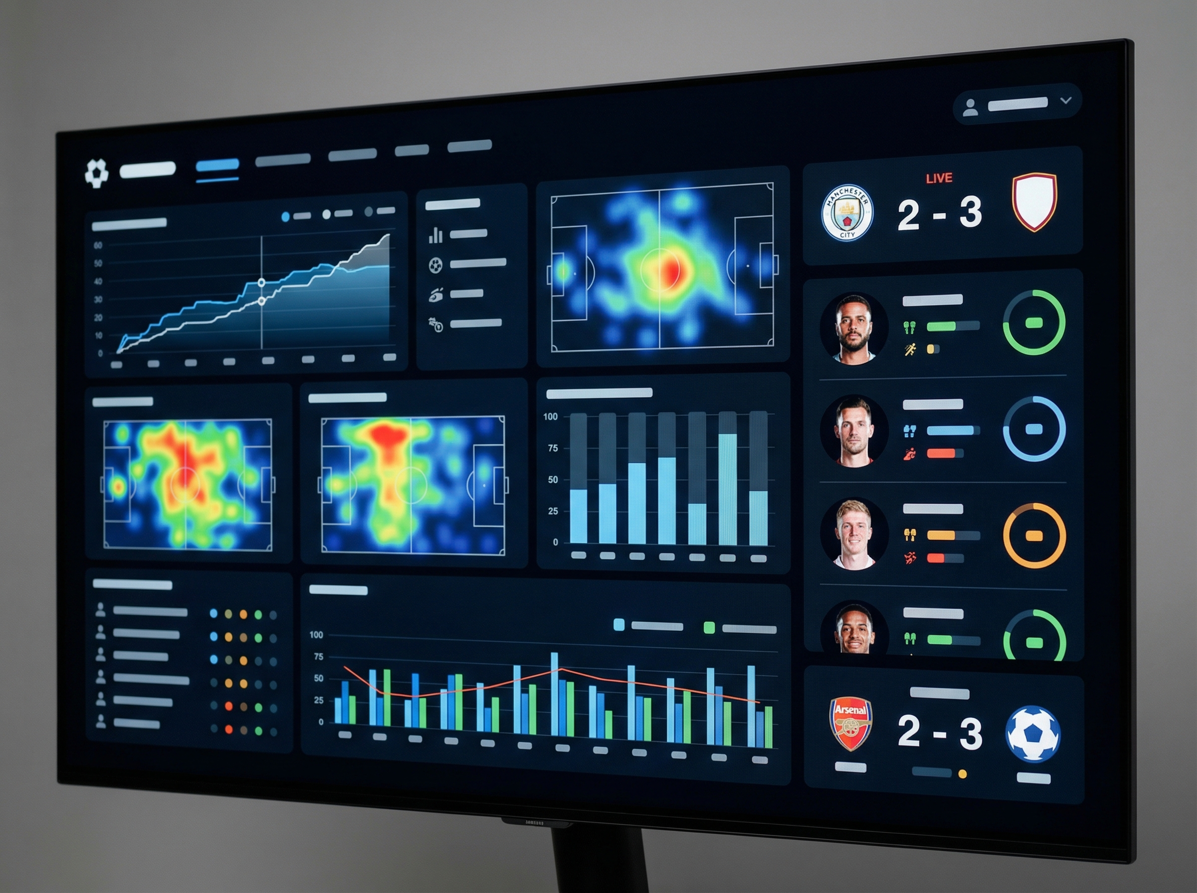 A close-up of a smart TV screen showing a visually rich information layout about a soccer match. Graphs, player photos, and scores are arranged in a clean, modern UI. Professional tech review style, 4:3 aspect ratio, no text.
