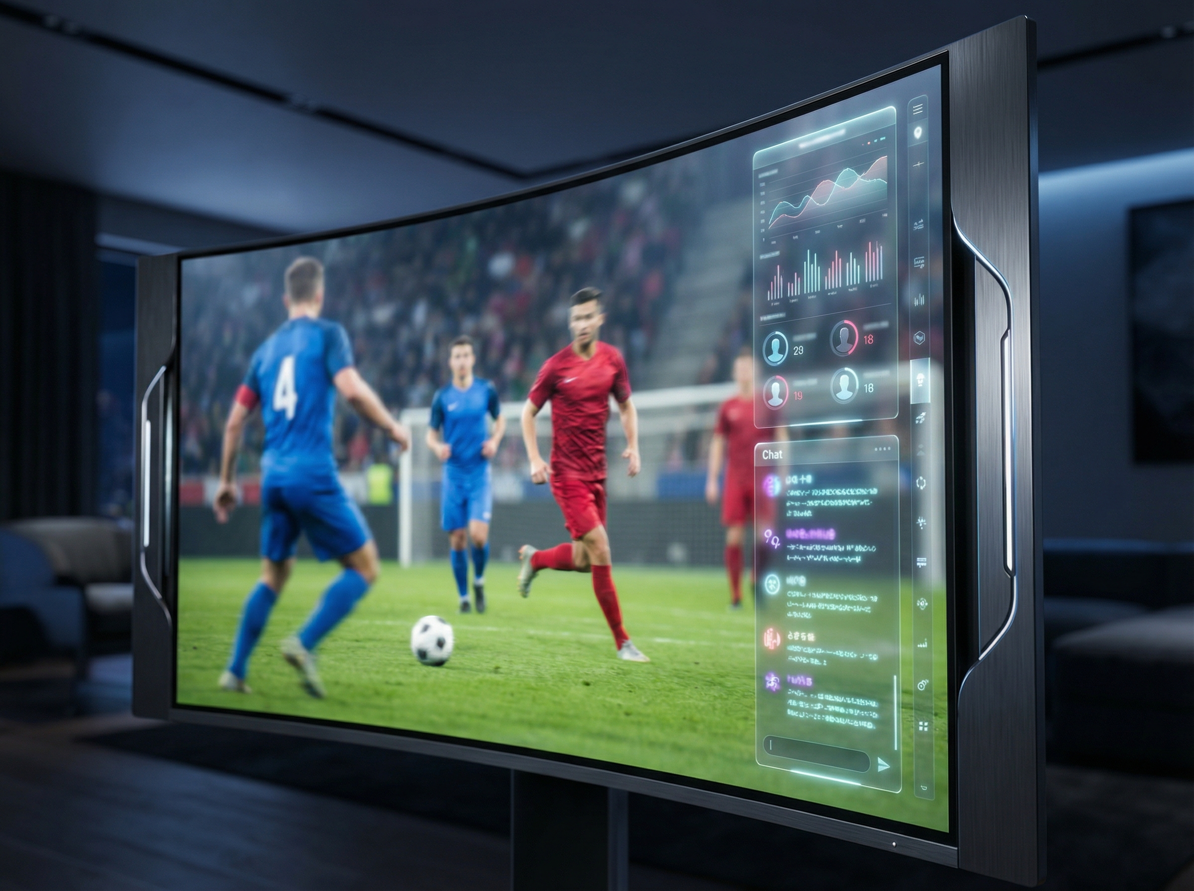 A close up of a high tech television screen showing a soccer match with a semi transparent AI sidebar displaying player stats and a chat interface, futuristic design, 4:3 aspect ratio, no text