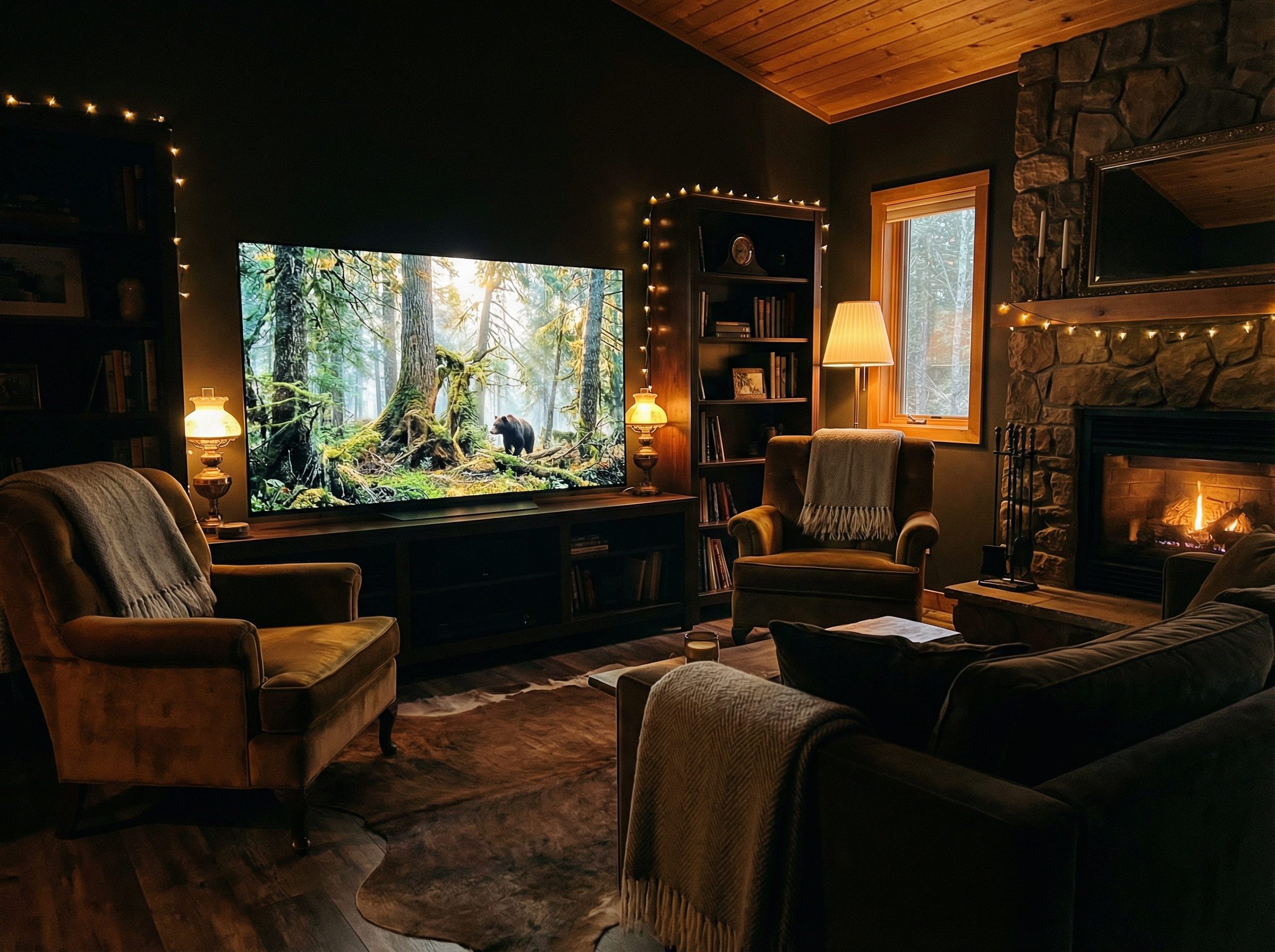 A cozy dark home theater room with a high quality TV displaying a crisp nature documentary of a forest, warm ambient lighting, realistic photography style, 4:3 aspect ratio, no text