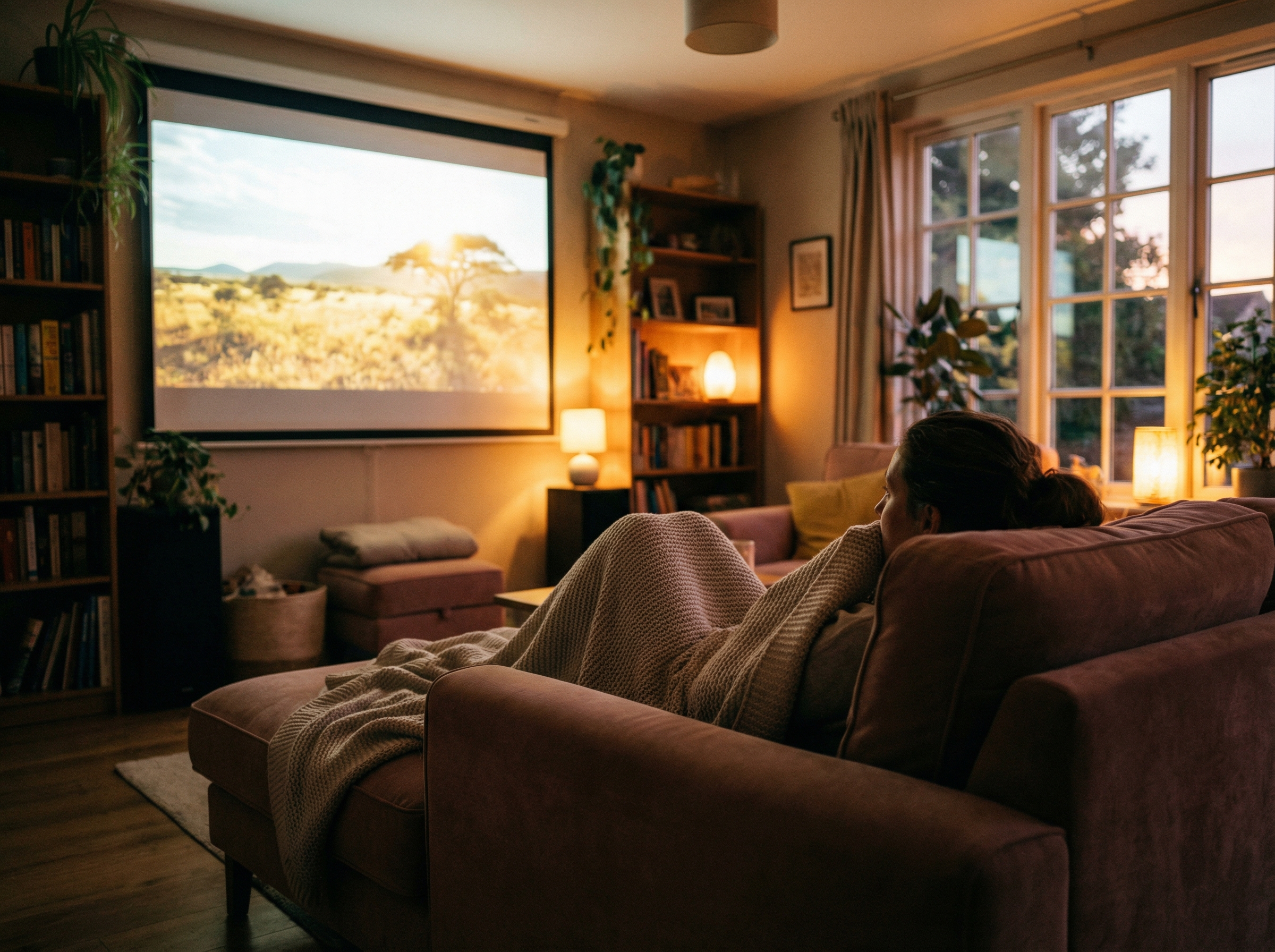 A person sitting on a comfortable sofa in a dimly lit living room watching a beautiful movie on a large screen, peaceful and relaxing atmosphere, cinematic photography, 4:3 aspect ratio, no text