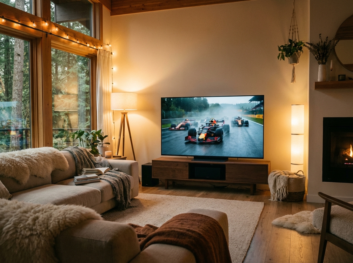A cozy modern living room with a large high-definition TV showing a cinematic Formula 1 racing scene, warm ambient lighting, lifestyle photography, natural setting, 4:3 aspect ratio, no text.