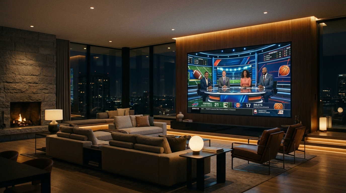 A wide shot of a modern living room where a large screen TV displays a professional sports talk show with analysts and dynamic graphics. Comfortable interior, evening lighting, cinematic atmosphere, 16:9 aspect ratio, no text.