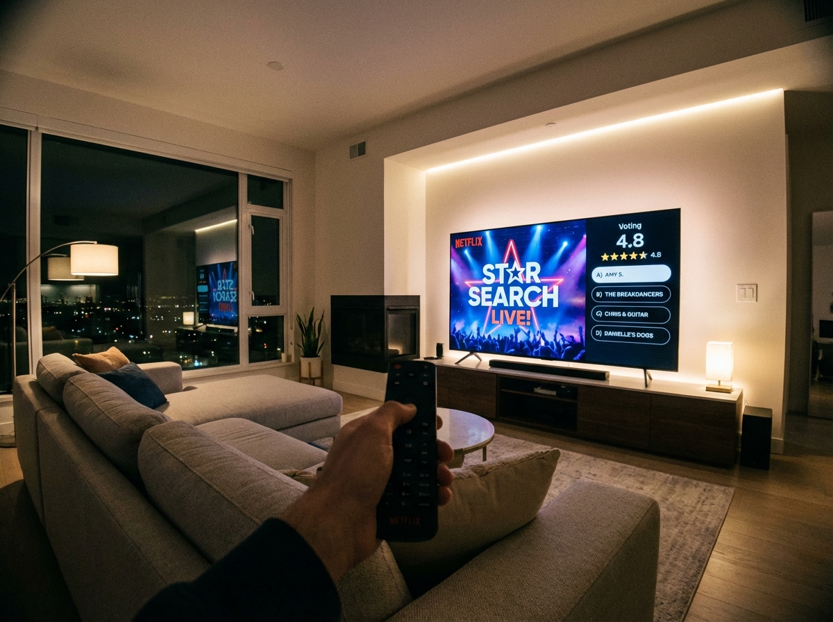 A wide shot of a modern living room at night. A large smart TV displays a Netflix live talent show with a voting interface on the side showing star ratings and multiple-choice options. A person's hand is holding a remote control pointing at the screen. Soft ambient lighting, 4:3