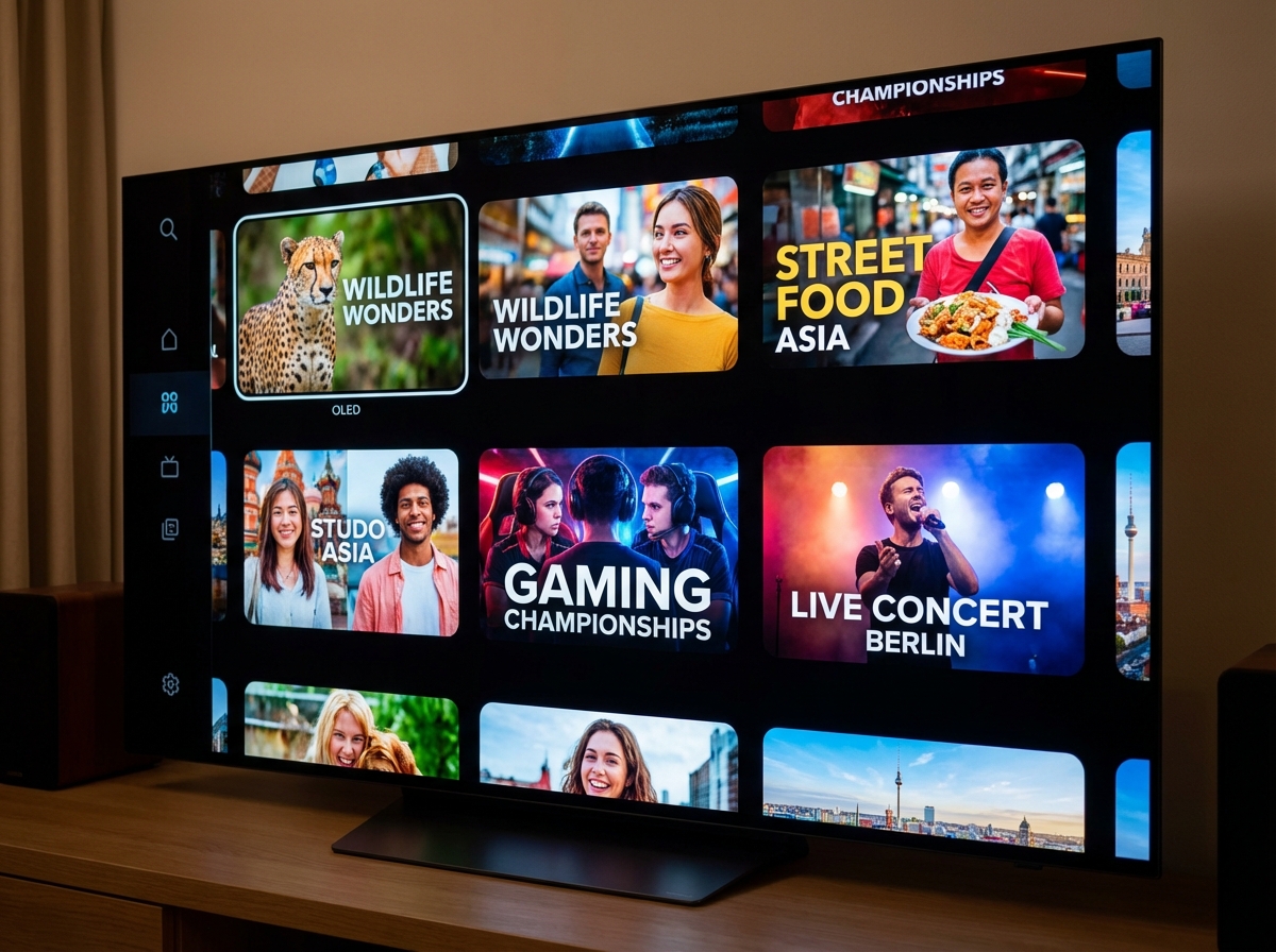 Close up of a smart TV screen displaying a grid of diverse video thumbnails, colorful and engaging UI, high contrast, modern design, 4:3
