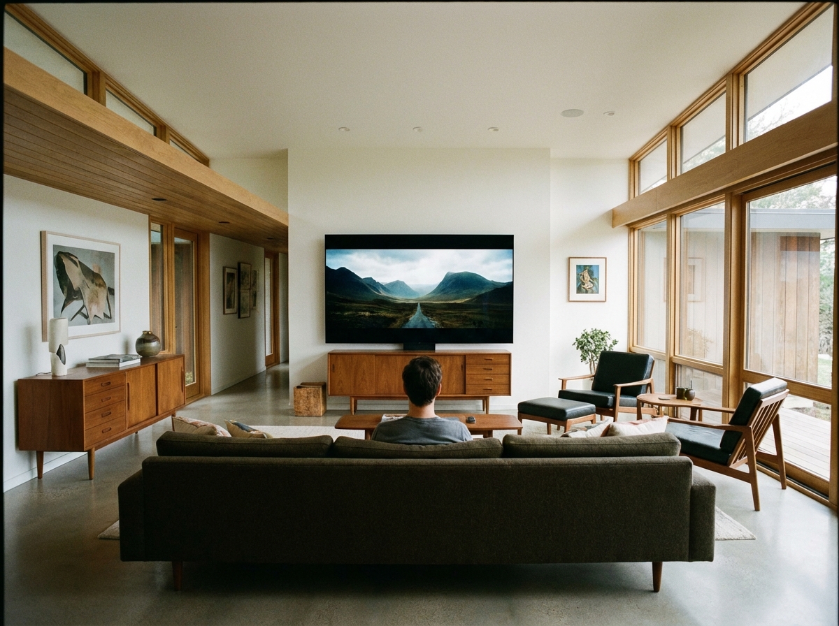 A person sitting on a sofa in a stylish living room, looking at a large TV screen. The composition emphasizes the distance between the viewer and the screen. Realistic lifestyle photography. 4:3