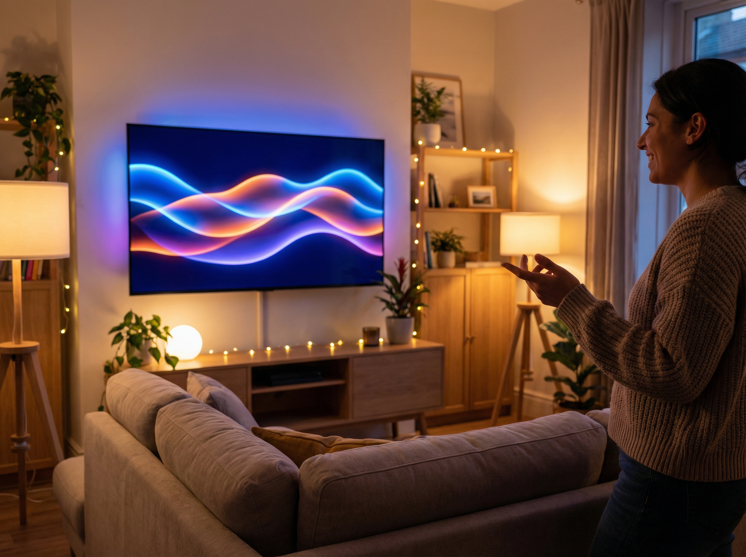 A modern living room with a sleek smart TV showing a friendly AI assistant interface with colorful light waves, a person sitting on a sofa talking to the TV, cinematic lighting, warm and cozy atmosphere, 4:3 aspect ratio, no text
