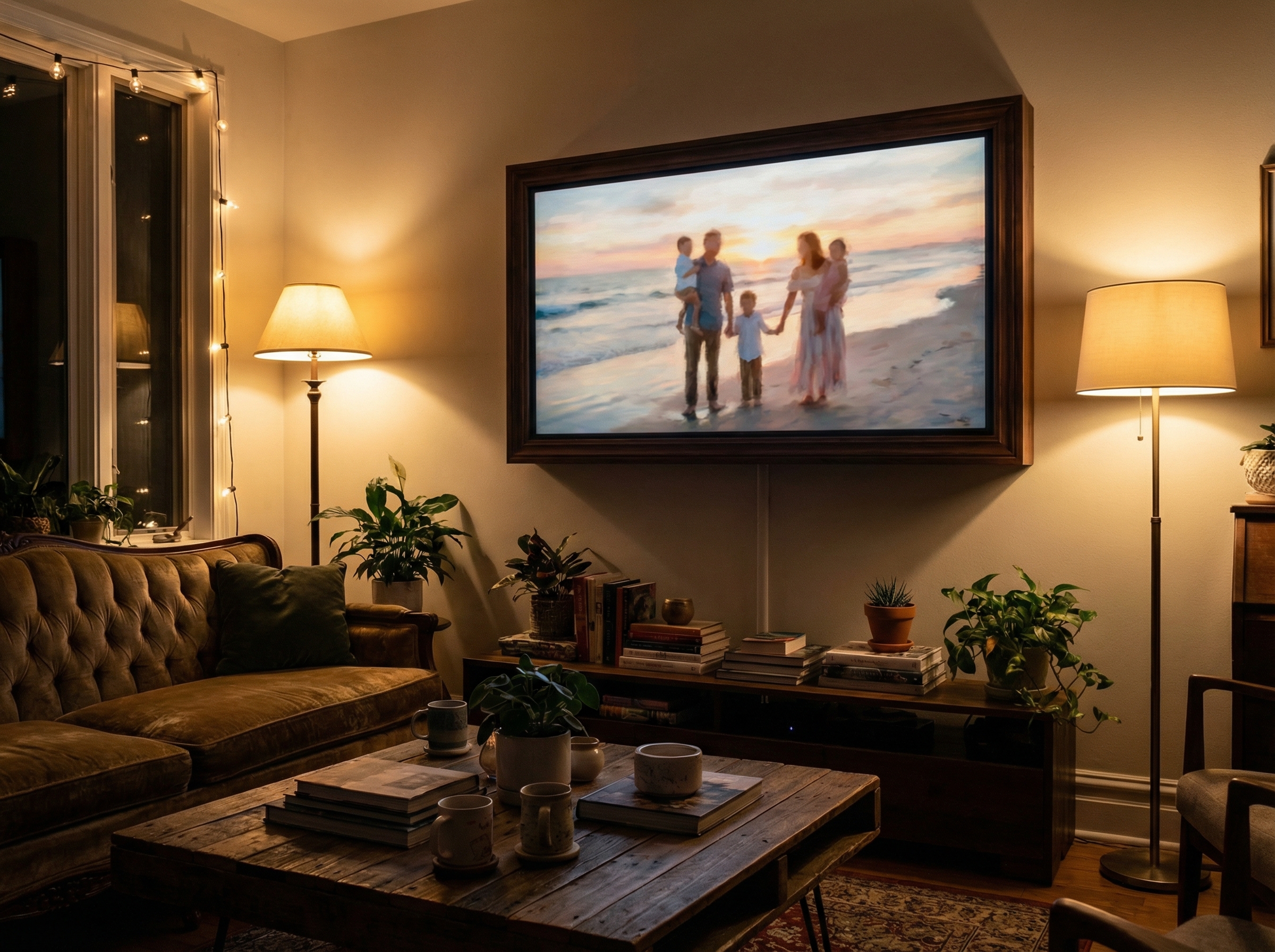 A stylish living room where the TV displays a beautiful cinematic photo slideshow with artistic AI filters, family photos transformed into paintings, soft ambient lighting, high contrast, 4:3 aspect ratio, no text