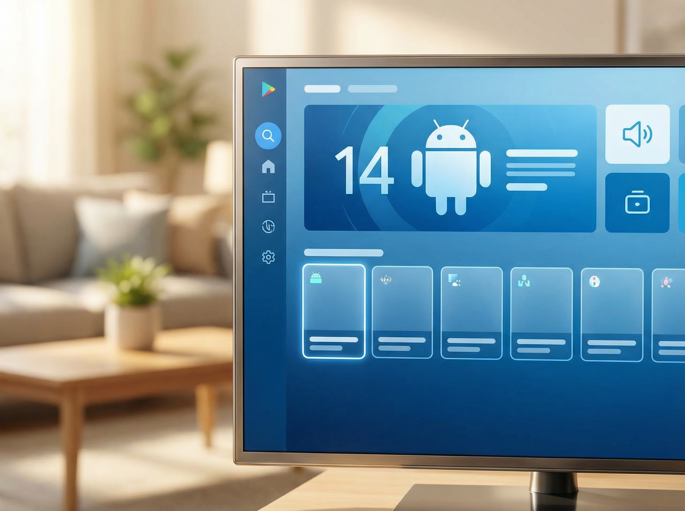 A detailed shot of a smart TV menu showing the Android TV OS 14 version information, clean and modern UI design, blurred living room background, realistic tech aesthetic, 4:3 aspect ratio, no text