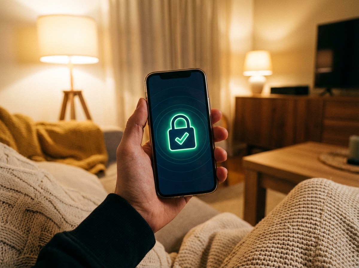 A person using a smartphone to connect to a VPN, focused on the screen showing a secure connection icon, warm indoor lighting, 4:3, no text